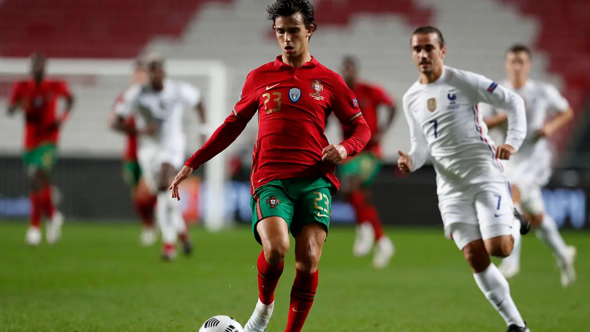 Portugal's Joao Felix goes for the ball during the UEFA Nations League soccer match between Portugal and France at the Luz stadium in Lisbon, Saturday, Nov. 14, 2020. Exciting talents like Phil Foden, Joao Felix and Ferran Torres are among a host of young players set to play their first major international tournaments at Euro 2020. UEFA has expanded squads from 23 players to 26 and that could encourage coaches to take a chance on more up-and-comers. (AP Photo/Armando Franca)