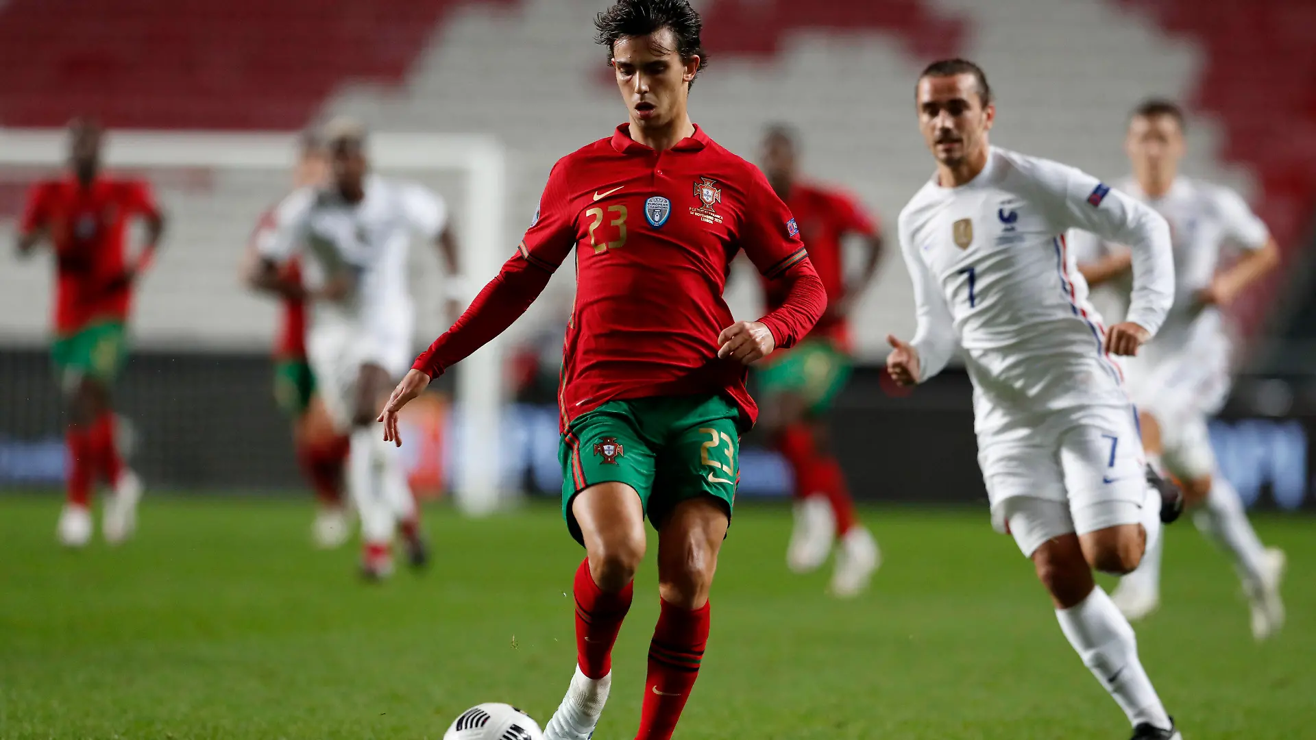 Portugal's Joao Felix goes for the ball during the UEFA Nations League soccer match between Portugal and France at the Luz stadium in Lisbon, Saturday, Nov. 14, 2020. Exciting talents like Phil Foden, Joao Felix and Ferran Torres are among a host of young players set to play their first major international tournaments at Euro 2020. UEFA has expanded squads from 23 players to 26 and that could encourage coaches to take a chance on more up-and-comers. (AP Photo/Armando Franca)