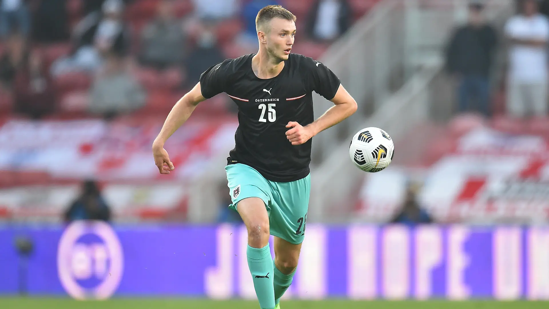 MIDDLESBROUGH, ENGLAND - JUNE 02: Sasa Kalajdzic of Austria controls the ball during the international friendly match between England and Austria at Riverside Stadium on June 02, 2021 in Middlesbrough, England. (Photo by Peter Powell - Pool/Getty Images)