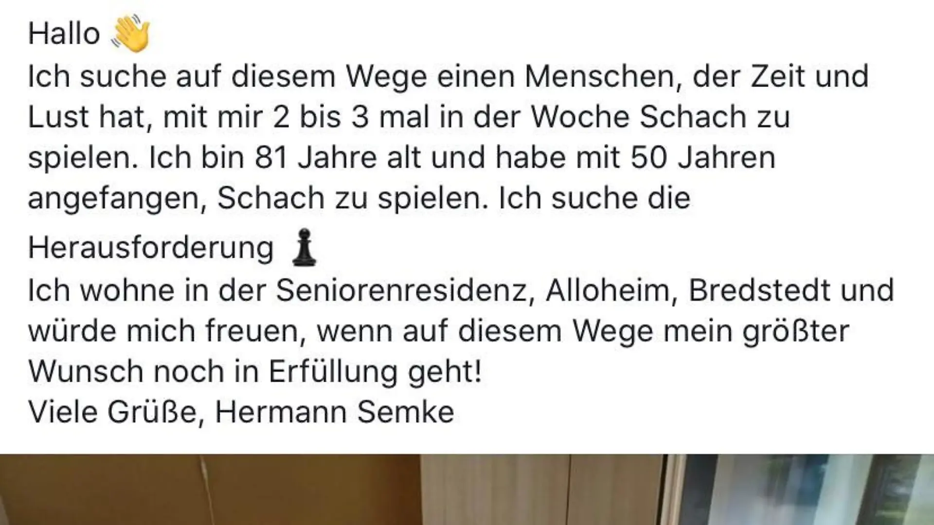 Facebook Aufruf - Schachgegner gesucht.