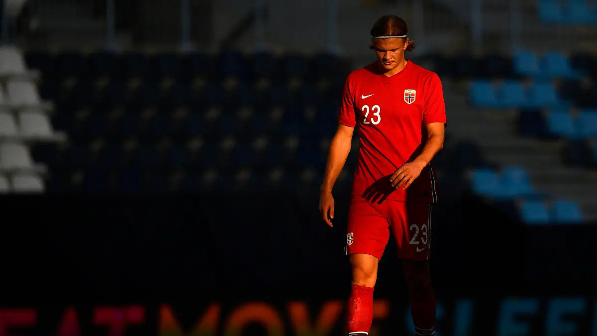 Norway's Erling Haaland walks on the pitch during the international friendly soccer match between Norway and Greece at the La Rosaleda stadium in Malaga, Spain, Sunday, June 6, 2021. (AP Photo/Jose Breton)