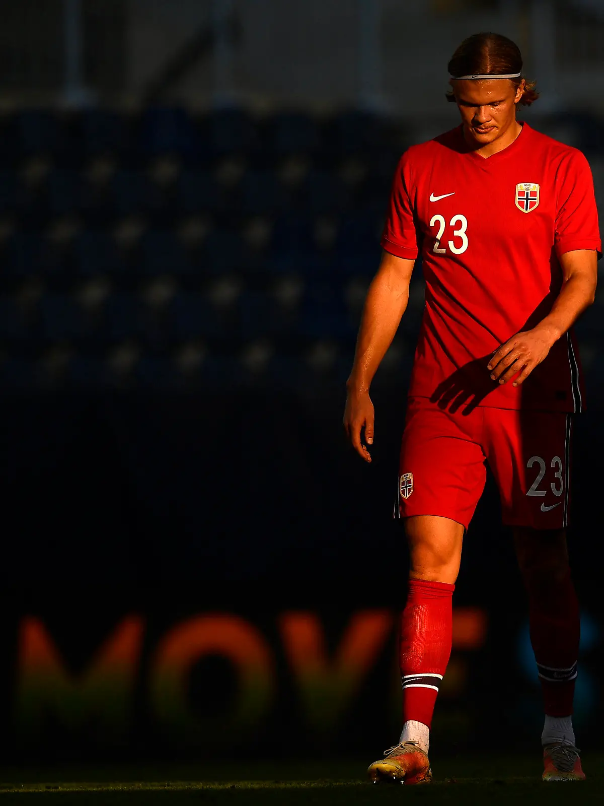 Norway's Erling Haaland walks on the pitch during the international friendly soccer match between Norway and Greece at the La Rosaleda stadium in Malaga, Spain, Sunday, June 6, 2021. (AP Photo/Jose Breton)