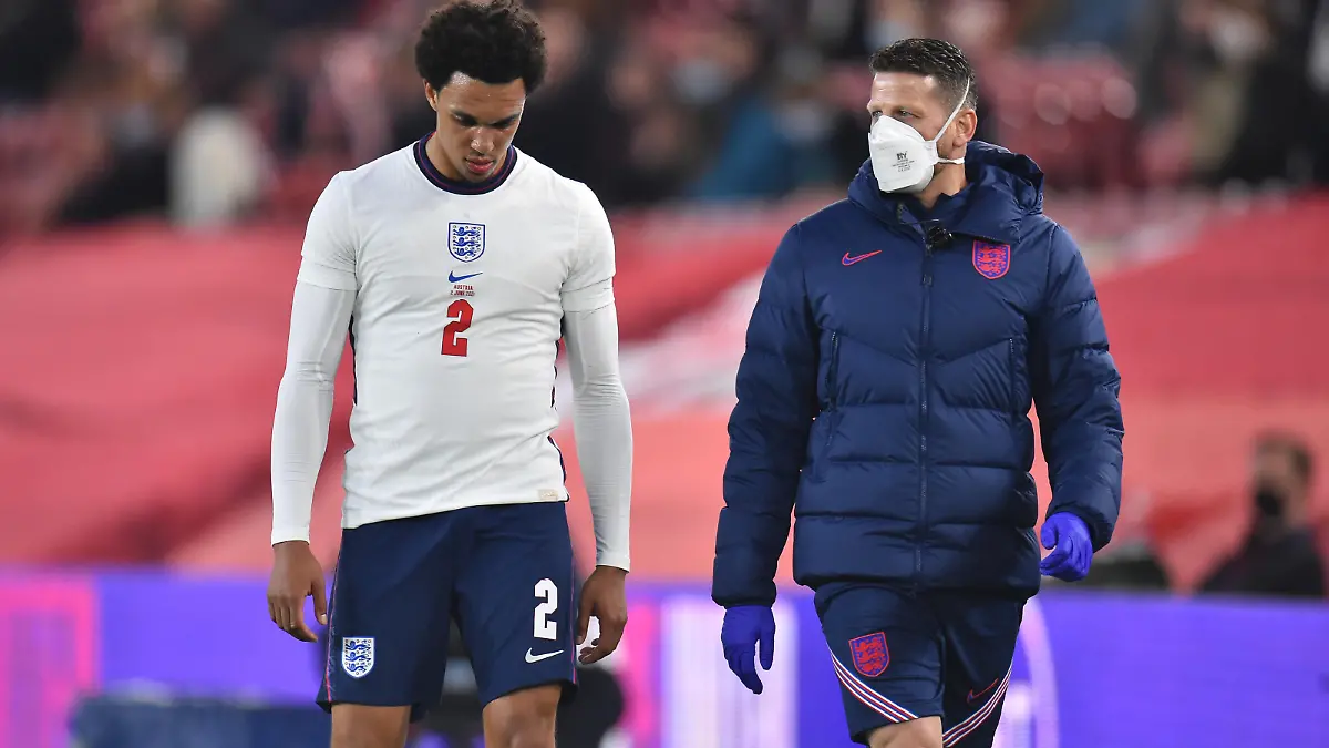 MIDDLESBROUGH, ENGLAND - JUNE 02: Trent Alexander-Arnold of England is substituted after picking up an injury during the international friendly match between England and Austria at Riverside Stadium on June 02, 2021 in Middlesbrough, England. (Photo by Peter Powell - Pool/Getty Images)