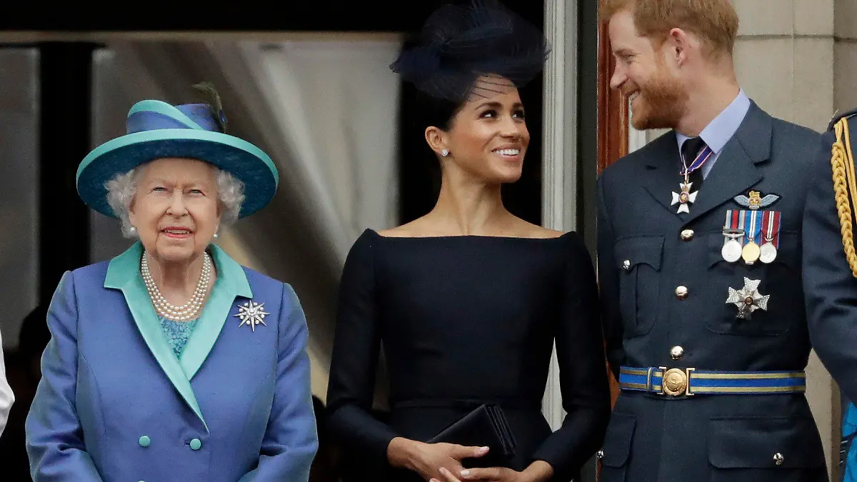 FILE - In this Tuesday, July 10, 2018 file photo Britain's Queen Elizabeth II, and Meghan the Duchess of Sussex and Prince Harry watch a flypast of Royal Air Force aircraft pass over Buckingham Palace in London. Prince Harry and Meghan Markle are to no longer use their HRH titles and will repay £2.4 million of taxpayer's money spent on renovating their Berkshire home, Buckingham Palace announced Saturday, Jan. 18. 2020. (AP Photo/Matt Dunham, File)