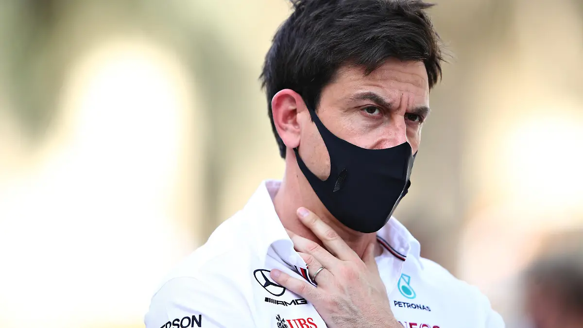 BAHRAIN, BAHRAIN - MARCH 26: Mercedes GP Executive Director Toto Wolff looks on in the Paddock during practice ahead of the F1 Grand Prix of Bahrain at Bahrain International Circuit on March 26, 2021 in Bahrain, Bahrain. (Photo by Mark Thompson/Getty Images)