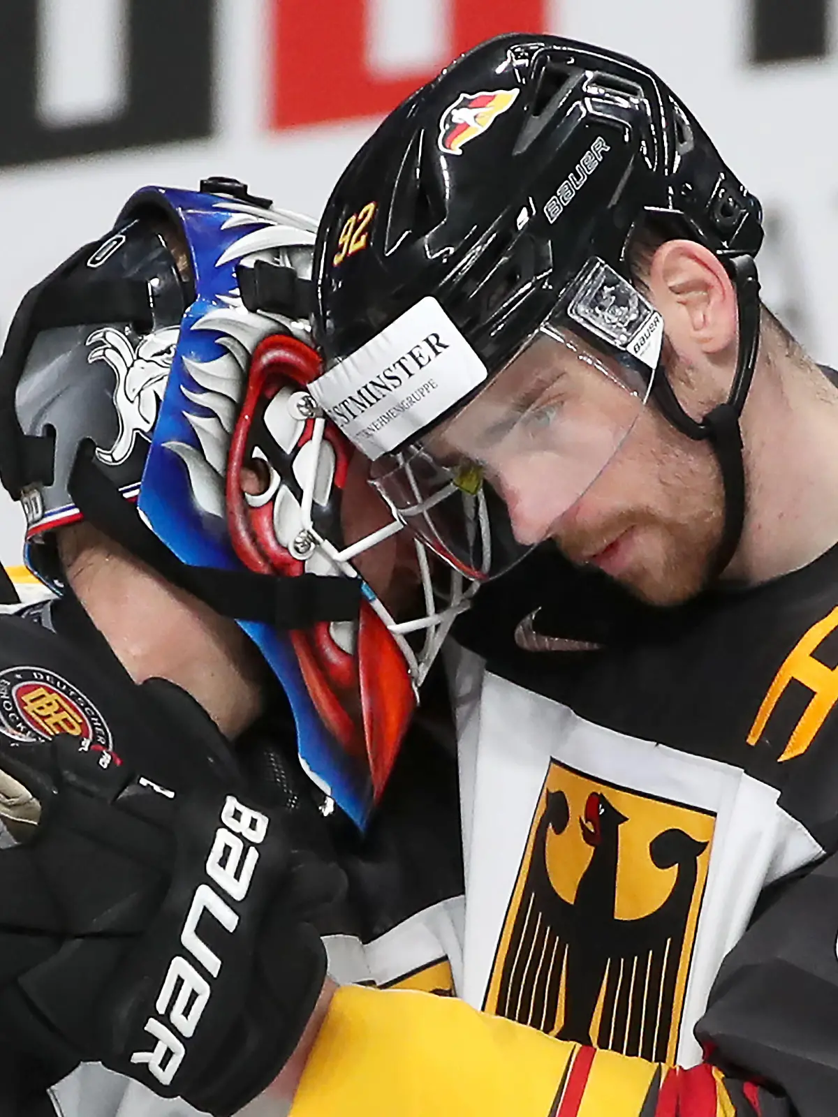 RIGA, LATVIA - JUNE 6, 2021: Goalie Felix Bruckmann of Germany and his teammate Marcel Noebels face defeat by the USA in their 2021 IIHF World Championship, WM, Weltmeisterschaft Bronze medal Ice hockey, Eishockey match at Arena Riga the American team won 6-1. Natalia Fedosenko/TASS PUBLICATIONxINxGERxAUTxONLY TS103E62 