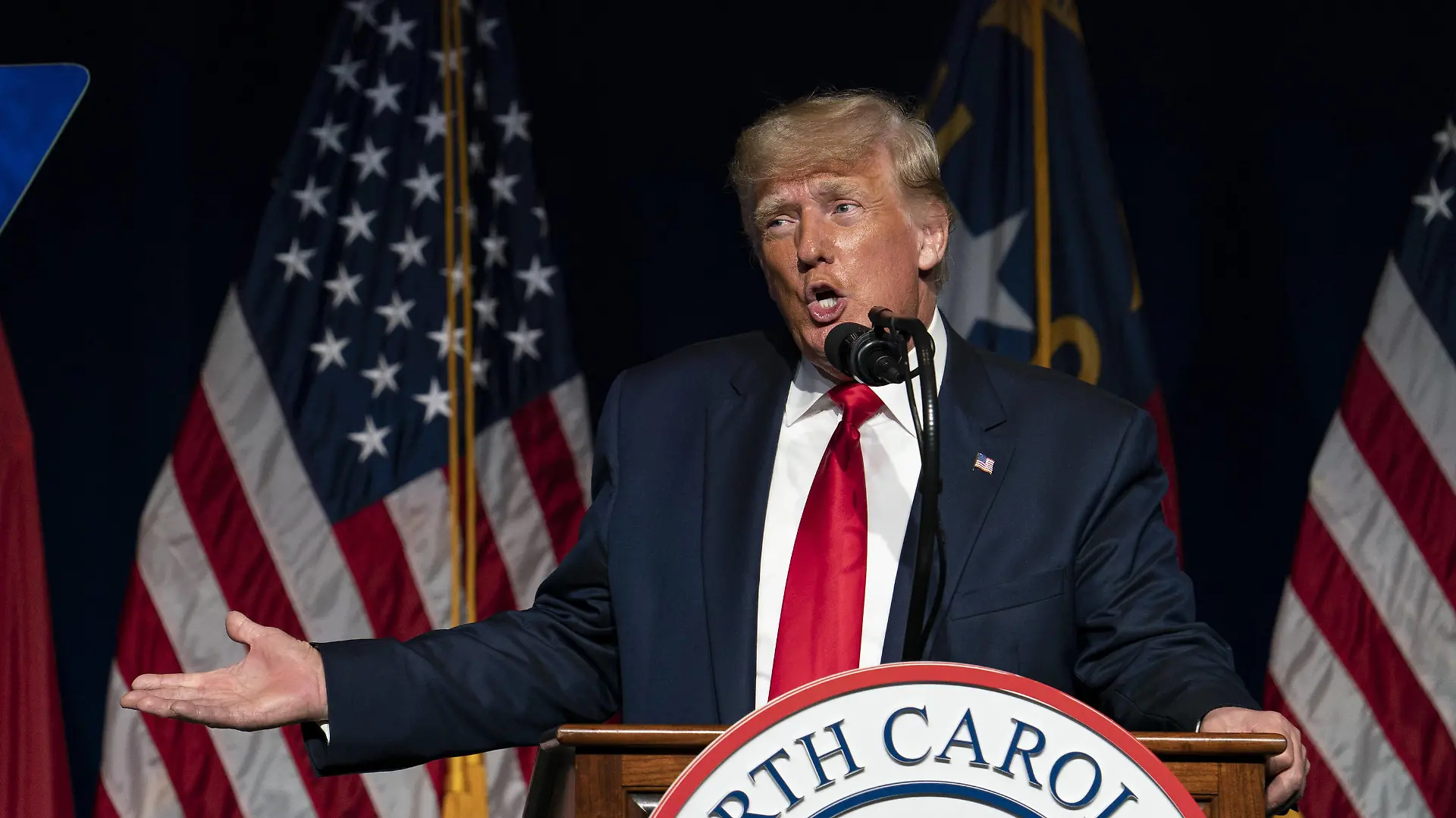 Former President Donald Trump speaks at the North Carolina Republican Convention in Greenville, North Carolina on Saturday, June 5, 2021. Trump spoke at his second public appearance since speaking at CPAC in late February. PUBLICATIONxINxGERxSUIxAUTxHUNxONLY WAP20210605026 TASOSxKATOPODIS