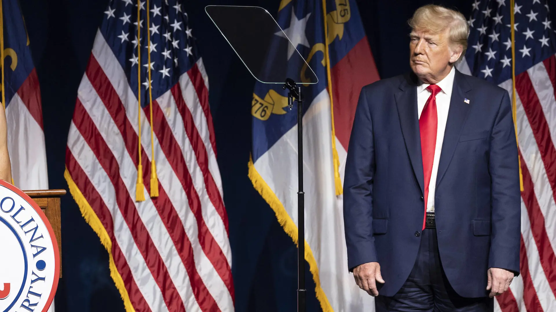 Laura Trump speaks as former President Donald Trump listens at the North Carolina Republican Convention in Greenville, North Carolina on Saturday, June 5, 2021. Trump spoke at his second public appearance since speaking at CPAC in late February. PUBLICATIONxINxGERxSUIxAUTxHUNxONLY WAP20210605024 TASOSxKATOPODIS