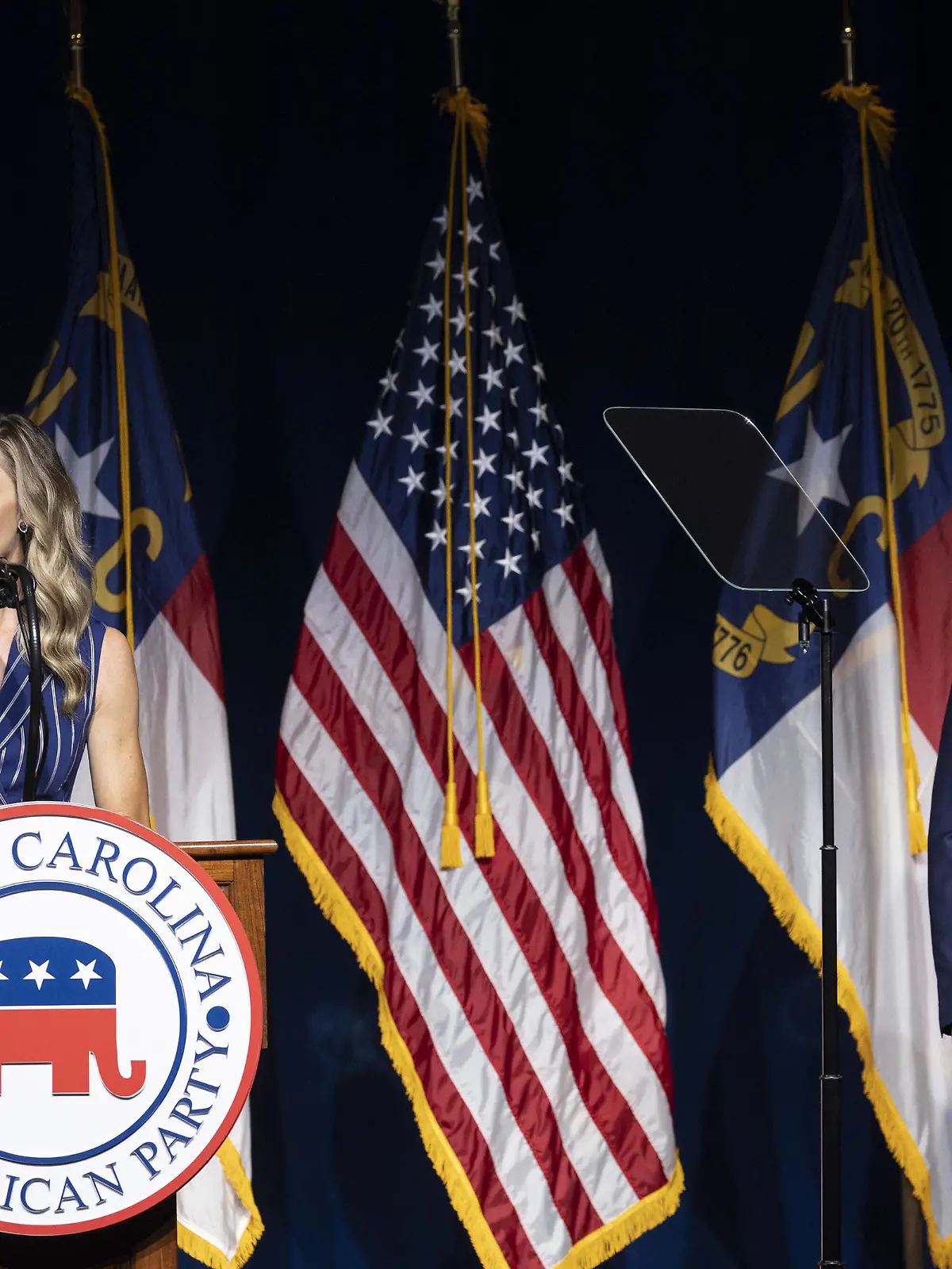  Laura Trump speaks as former President Donald Trump listens at the North Carolina Republican Convention in Greenville, North Carolina on Saturday, June 5, 2021. Trump spoke at his second public appearance since speaking at CPAC in late February. PUBLICATIONxINxGERxSUIxAUTxHUNxONLY WAP20210605024 TASOSxKATOPODIS