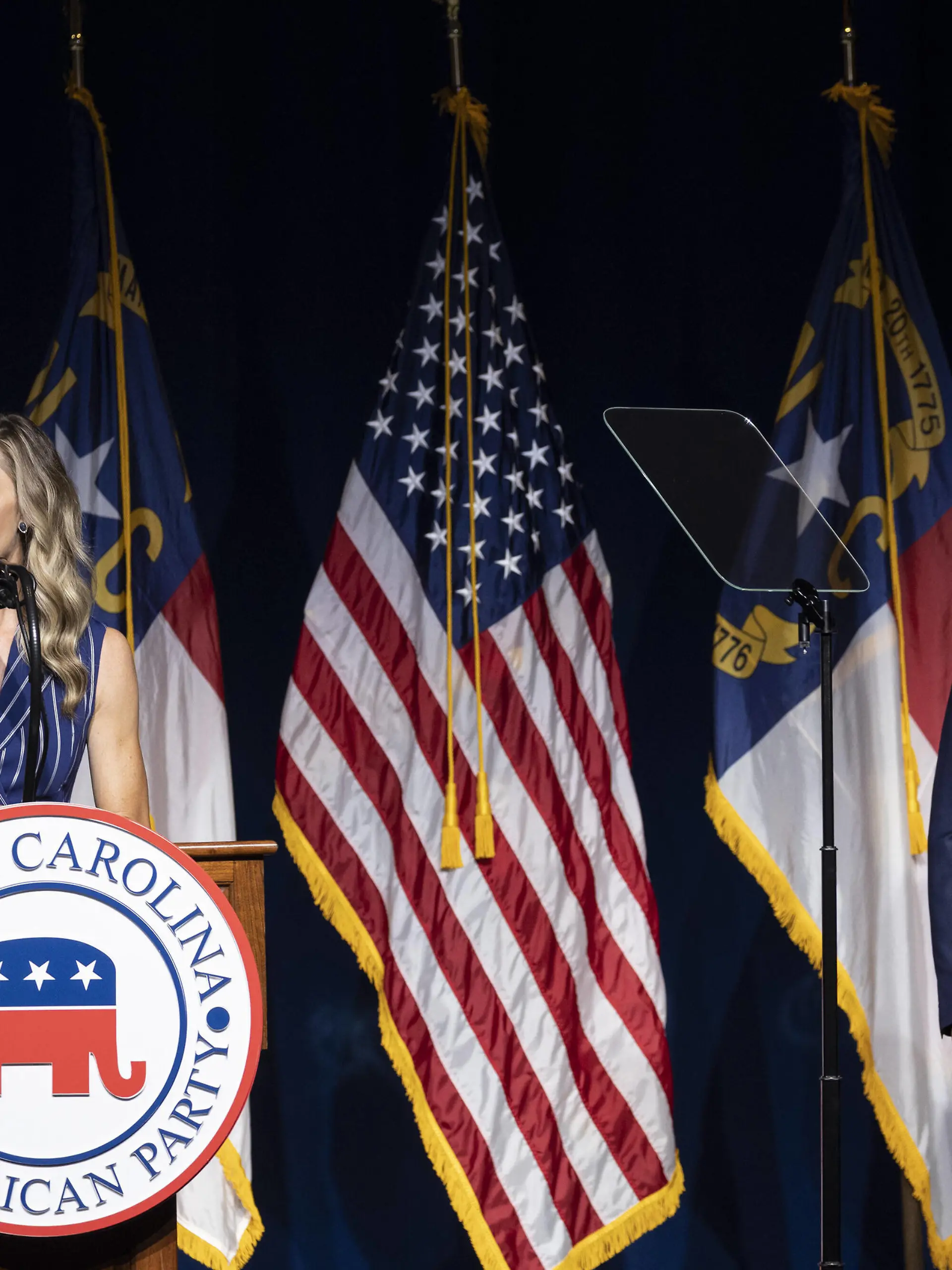  Laura Trump speaks as former President Donald Trump listens at the North Carolina Republican Convention in Greenville, North Carolina on Saturday, June 5, 2021. Trump spoke at his second public appearance since speaking at CPAC in late February. PUBLICATIONxINxGERxSUIxAUTxHUNxONLY WAP20210605024 TASOSxKATOPODIS