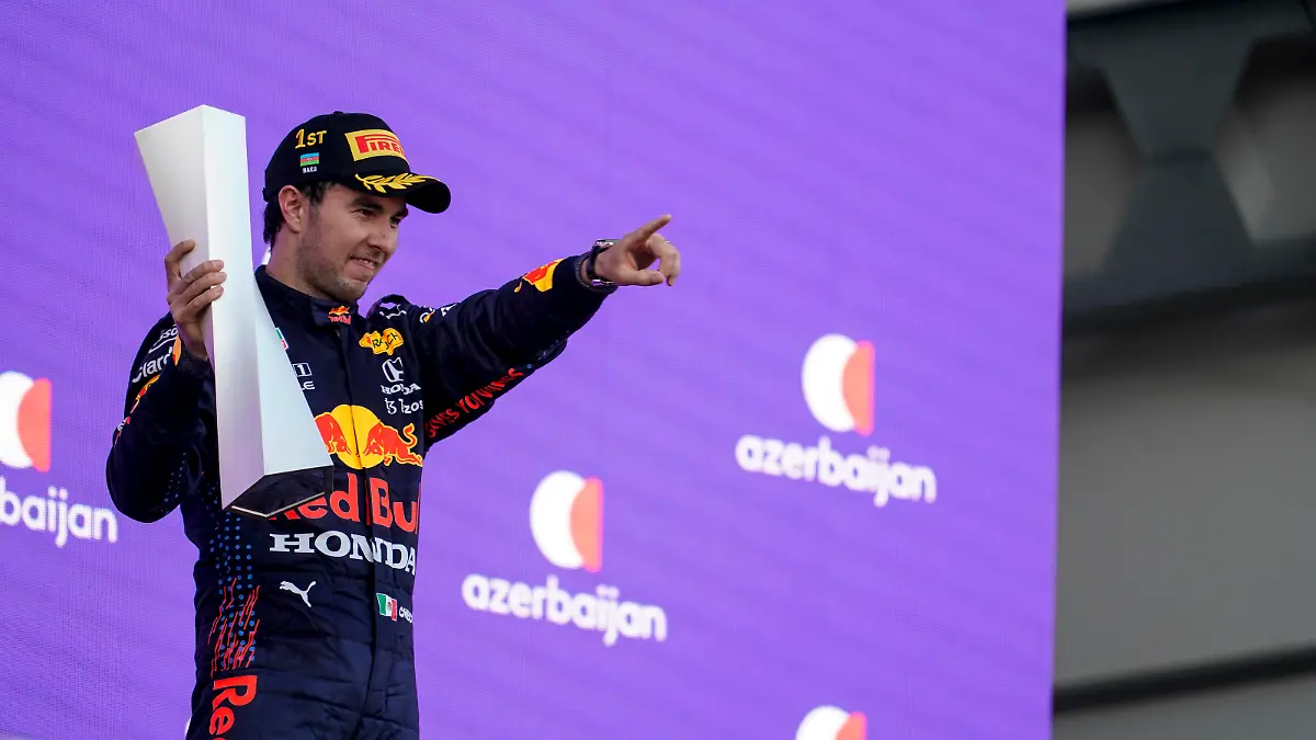 June 6, 2021, Baku, Azerbaijan: SERGIO PEREZ of Mexico and Red Bull Racing is seen on the podium after winning the 2021 FIA Formula 1 Azerbaijan Grand Prix at Baku City Circuit in Baku, Azerbaijan. Baku Azerbaijan - ZUMAg147 20210606_zap_g147_094 Copyright: xJamesxGasperottix