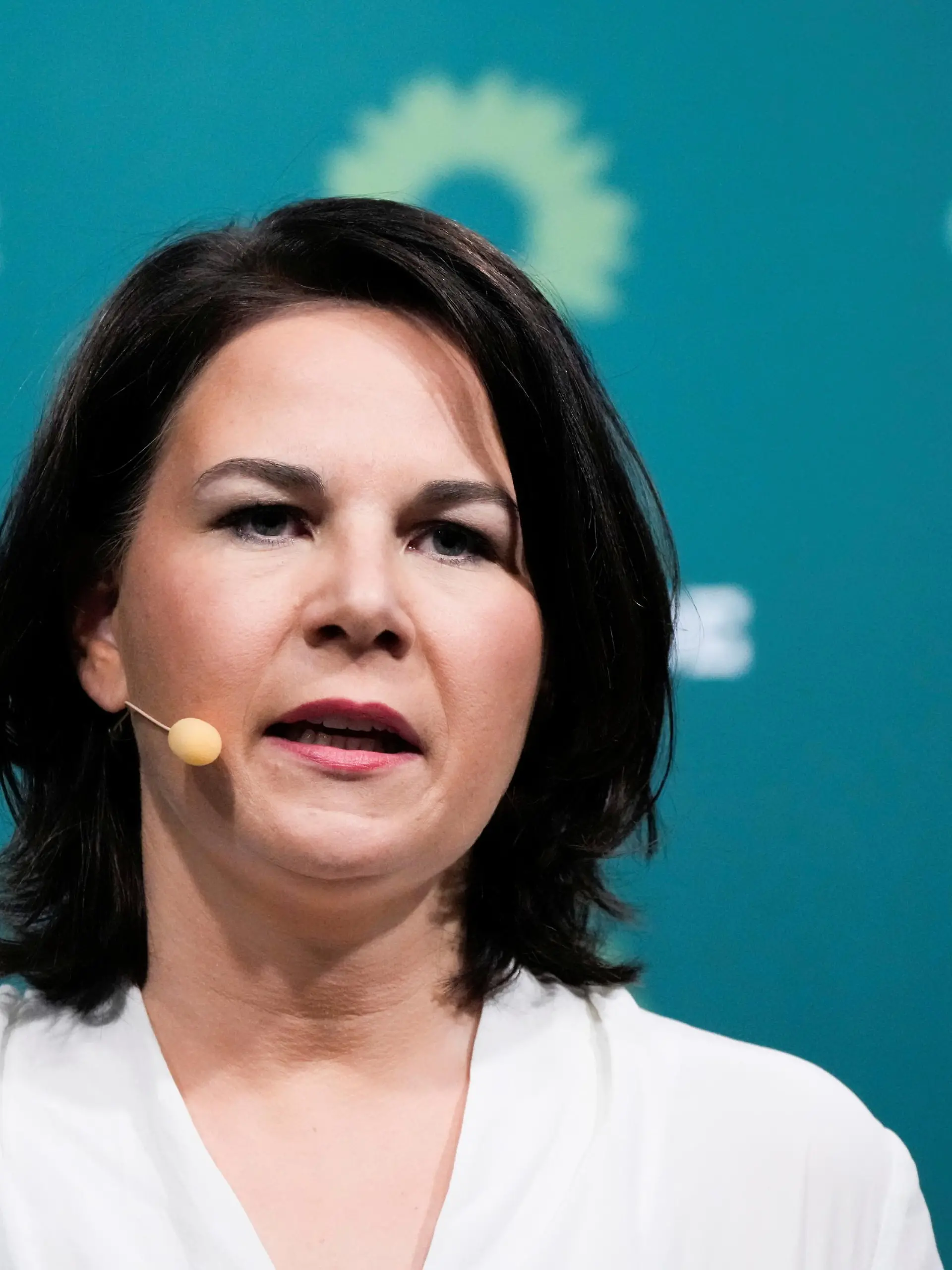 Germany's Green Party co-chairwoman Annalena Baerbock speaks to media after first exit poll for the Saxony-Anhalt state elections announced, in Berlin, Germany, June 6, 2021. Markus Schreiber/Pool via REUTERS