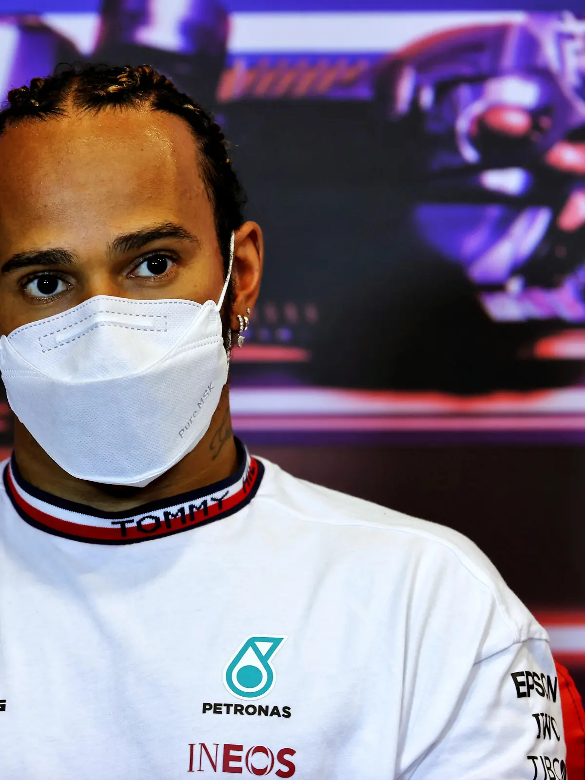 BAKU, AZERBAIJAN - JUNE 05: Second placed qualifier Lewis Hamilton of Great Britain and Mercedes GP talks in a press conference after qualifying ahead of the F1 Grand Prix of Azerbaijan at Baku City Circuit on June 05, 2021 in Baku, Azerbaijan. (Photo by XPB - Pool/Getty Images)