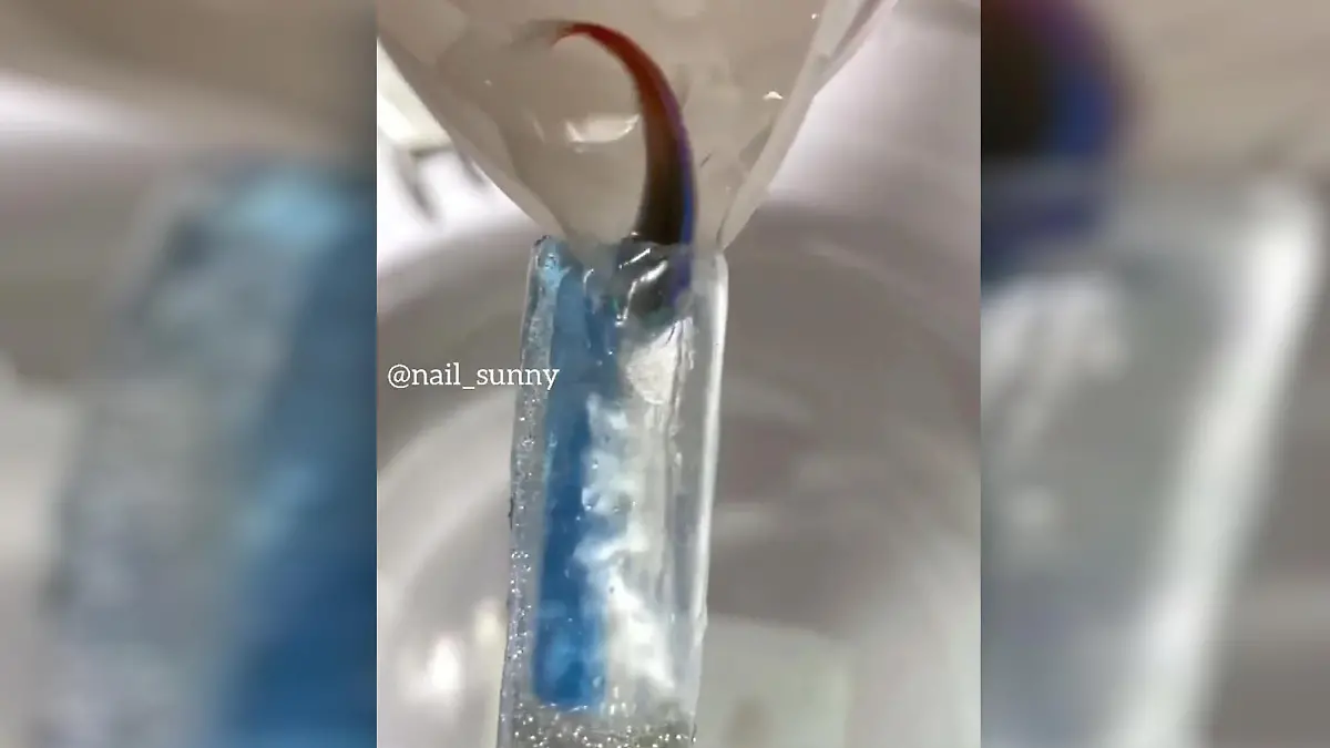 Eine Nageldesignerin hat lebendige Fische in Nägel gefüllt.