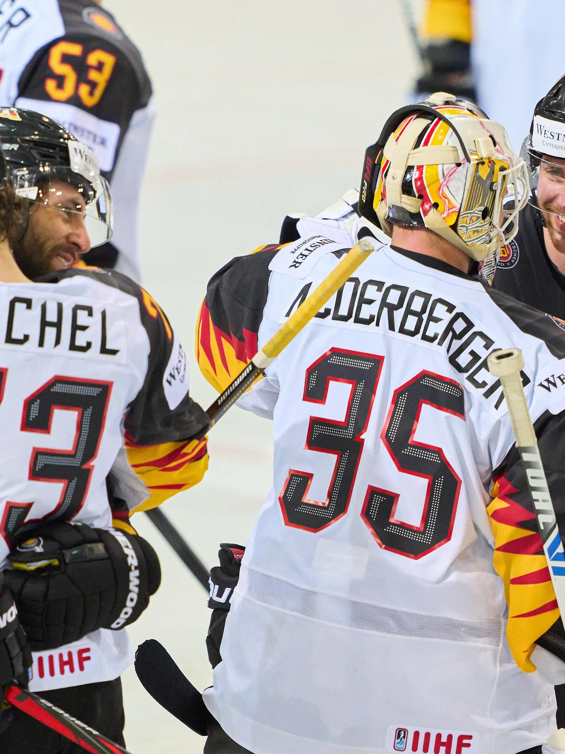 Marcel Noebels 92 of Germany scores the decisive penalty, celebration, Mathias Niederberger 35 goalie of Germany Lukas Reichel 73 Markus Eisenschmid 58 of Germany SWITZERLAND - GERMANY IIHF Ice hockey, Eishockey WORLD CHAMPIONSHIPS Quarterfinal, in Riga, Latvia, Lettland, June 3, 2021, Season 2020/2021 