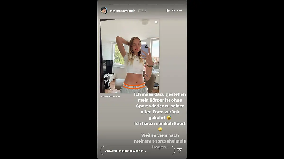 Cheyenne Ochsenknecht beantwortet ihren Fans auf Instagram die Frage, wie sie ihren schlanken After-Baby-Body bekommen hat.