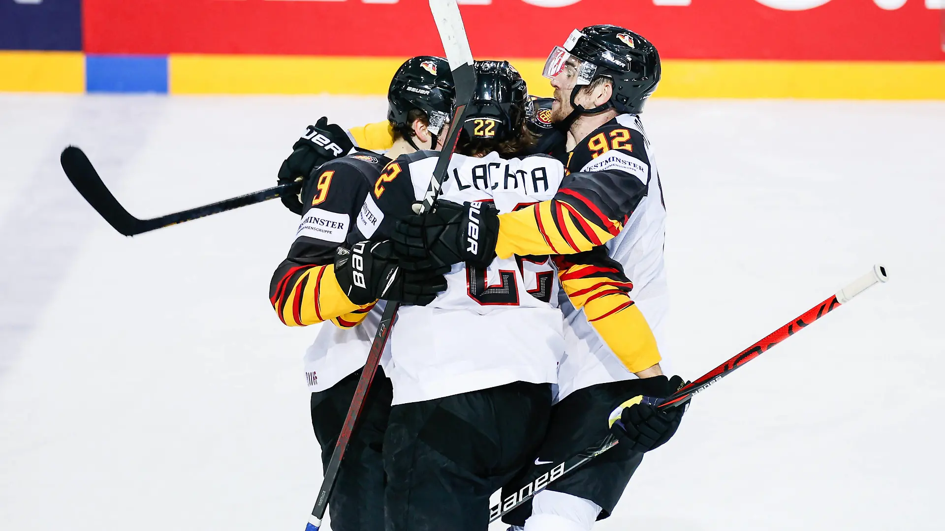 03.06.2021, Riga, Olympic Sports Centre, Quarterfinal: Switzerland - Germany 2021 IIHF Ice hockey, Eishockey World Championship, WM, Weltmeisterschaft , 9 Leon Gawanke Germany celebrates his goal for the 2-2. from left 9 Leon Gawanke Germany, 22 Matthias Plachta Germany and 92 Marcel Noebels Germany Riga Riga Latvia *** 03 06 2021, Riga, Olympic Sports Centre, Quarterfinal Switzerland Germany 2021 IIHF Ice Hockey World Championship , 9 Leon Gawanke Germany celebrates his goal for the 2 2 from left 9 Leon Gawanke Germany , 22 Matthias Plachta Germany and 92 Marcel Noebels Germany Riga Riga Latvia PUBLICATIONxNOTxINxSUI Copyright: xJustPictures.ch/JarixPestelaccix