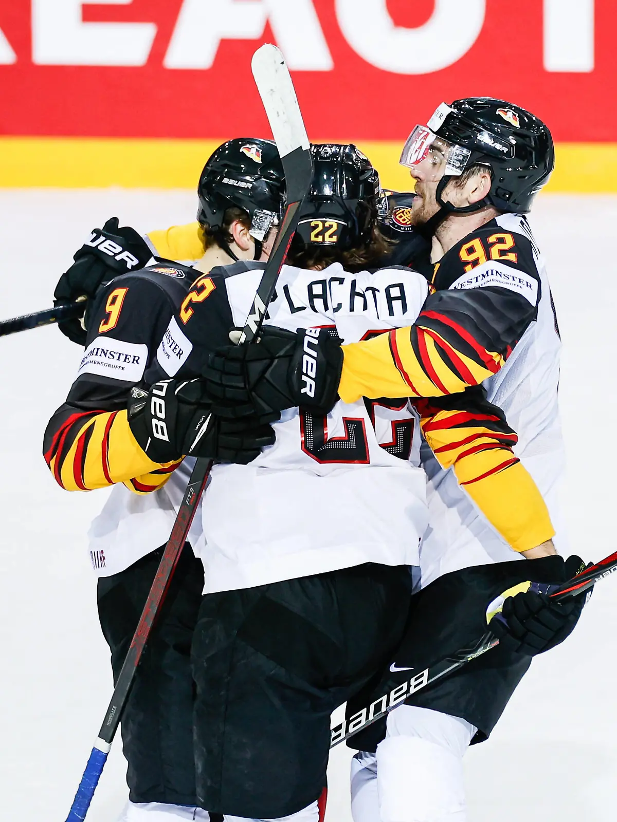 03.06.2021, Riga, Olympic Sports Centre, Quarterfinal: Switzerland - Germany 2021 IIHF Ice hockey, Eishockey World Championship, WM, Weltmeisterschaft , 9 Leon Gawanke Germany celebrates his goal for the 2-2. from left 9 Leon Gawanke Germany, 22 Matthias Plachta Germany and 92 Marcel Noebels Germany Riga Riga Latvia *** 03 06 2021, Riga, Olympic Sports Centre, Quarterfinal Switzerland Germany 2021 IIHF Ice Hockey World Championship , 9 Leon Gawanke Germany celebrates his goal for the 2 2 from left 9 Leon Gawanke Germany , 22 Matthias Plachta Germany and 92 Marcel Noebels Germany Riga Riga Latvia PUBLICATIONxNOTxINxSUI Copyright: xJustPictures.ch/JarixPestelaccix 