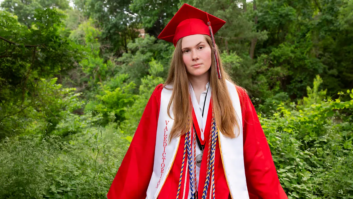 Paxton Smith, Lake Highlands High School valedictorian, poses for a photo, Wednesday, June 2, 2021, in Dallas. Smith scrapped a speech approved by her school administrators and delivered an abortion rights call in its place. (Juan Figueroa/The Dallas Morning News via AP)