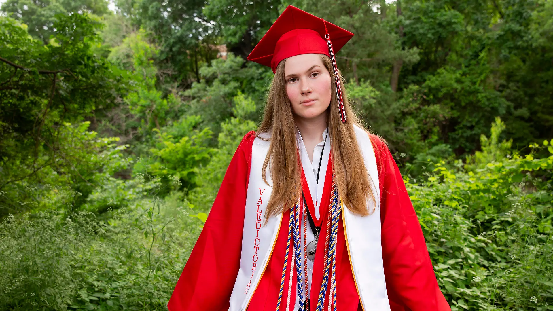 Paxton Smith, Lake Highlands High School valedictorian, poses for a photo, Wednesday, June 2, 2021, in Dallas. Smith scrapped a speech approved by her school administrators and delivered an abortion rights call in its place. (Juan Figueroa/The Dallas Morning News via AP)