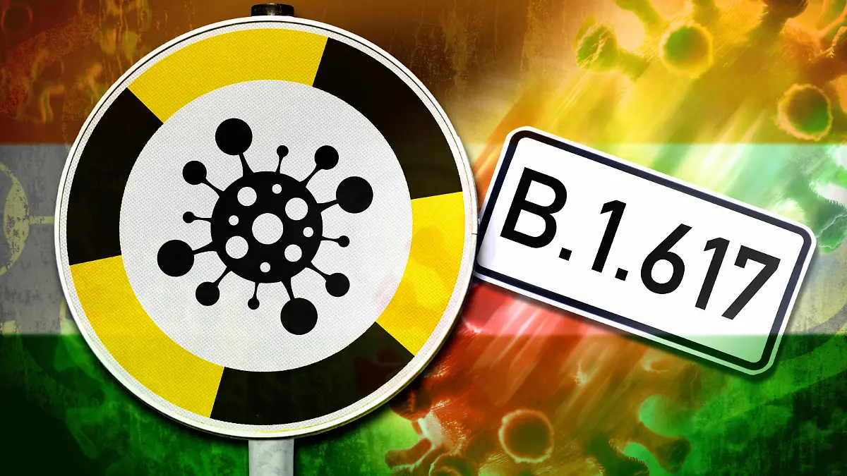 FOTOMONTAGE, Coronavirus-Warnschild und Fahne von Indien, Symbolfoto indische Virus-Mutation B.1.617 *** PHOTOMONTAGE, Coronavirus warning sign and flag of India, symbol photo Indian virus mutation B 1 617 