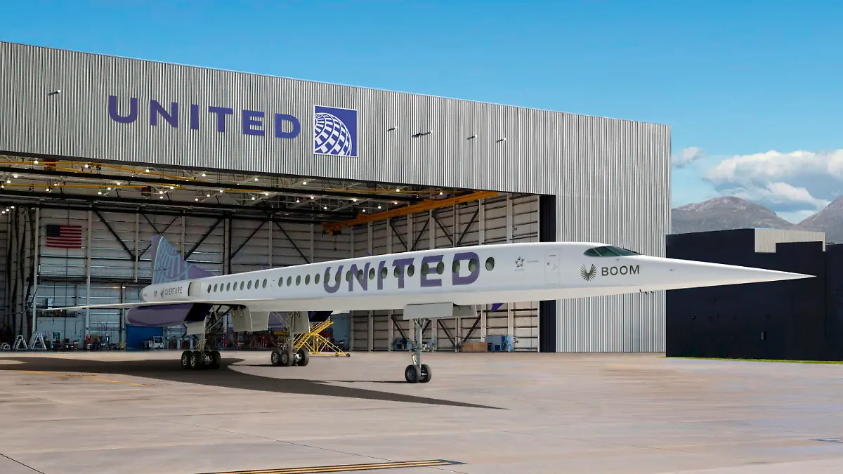 This photo provided by Boom Supersonic shows an artist’s rendition of United Airlines Boom Supersonic Overture jet. United said Thursday, June 3, 2021 that it reached a deal with startup aircraft maker Boom Supersonic to buy 15 of Boom's Overture jets. The planes haven't been built yet, but Boom says they will fly at 1.7 times the speed of sound, or around 1,300 mph. (Boom Supersonic via AP)