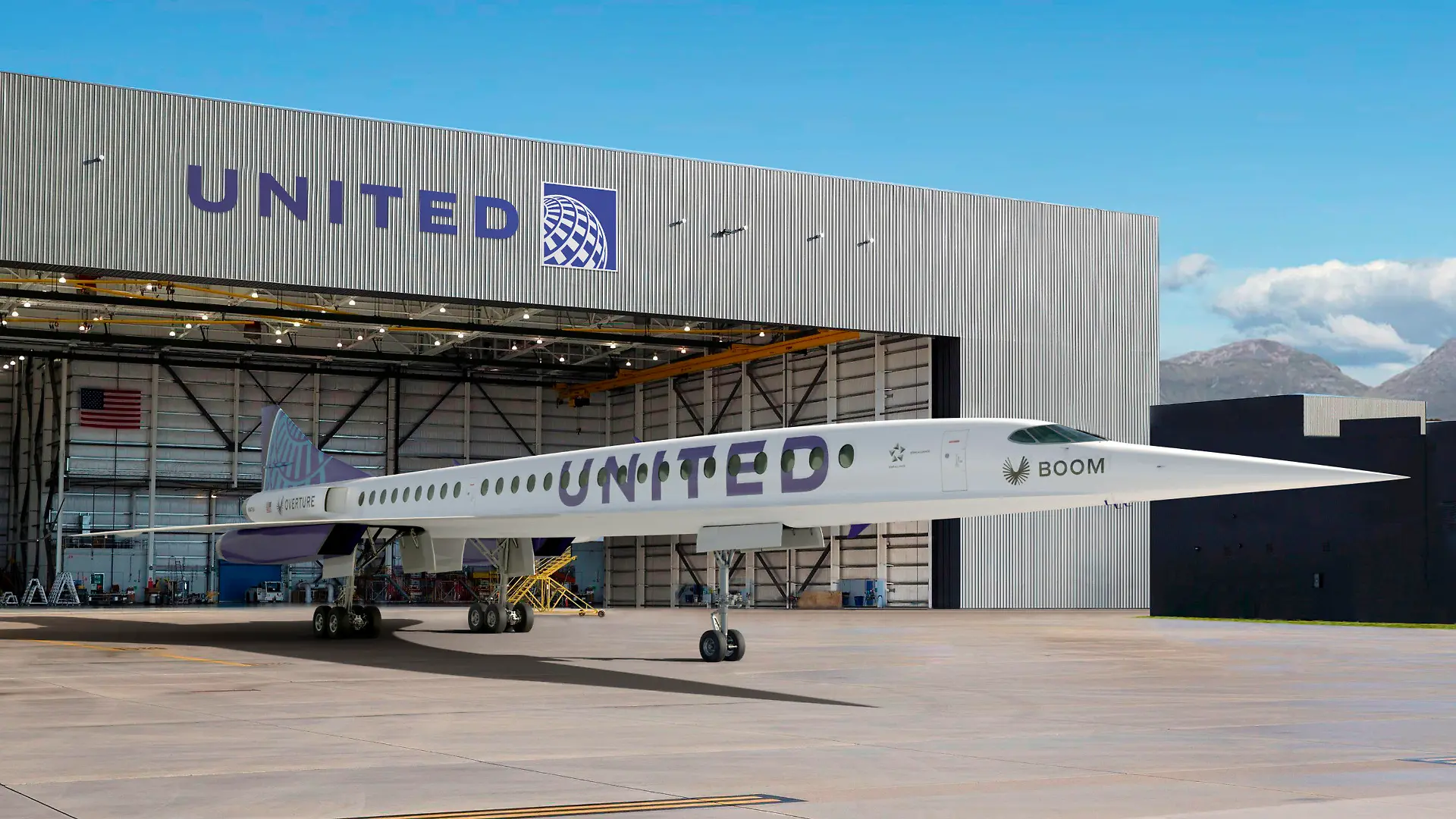 This photo provided by Boom Supersonic shows an artist’s rendition of United Airlines Boom Supersonic Overture jet.  United said Thursday, June 3, 2021 that it reached a deal with startup aircraft maker Boom Supersonic to buy 15 of Boom's Overture jets. The planes haven't been built yet, but Boom says they will fly at 1.7 times the speed of sound, or around 1,300 mph.  (Boom Supersonic via AP)