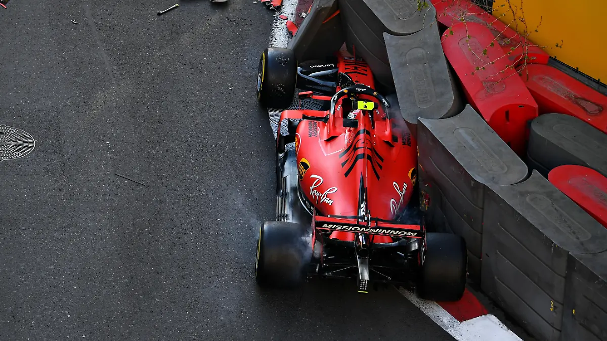 BAKU, AZERBAIJAN - APRIL 27: Charles Leclerc of Monaco driving the (16) Scuderia Ferrari SF90 crashes during qualifying for the F1 Grand Prix of Azerbaijan at Baku City Circuit on April 27, 2019 in Baku, Azerbaijan. (Photo by Clive Mason/Getty Images)