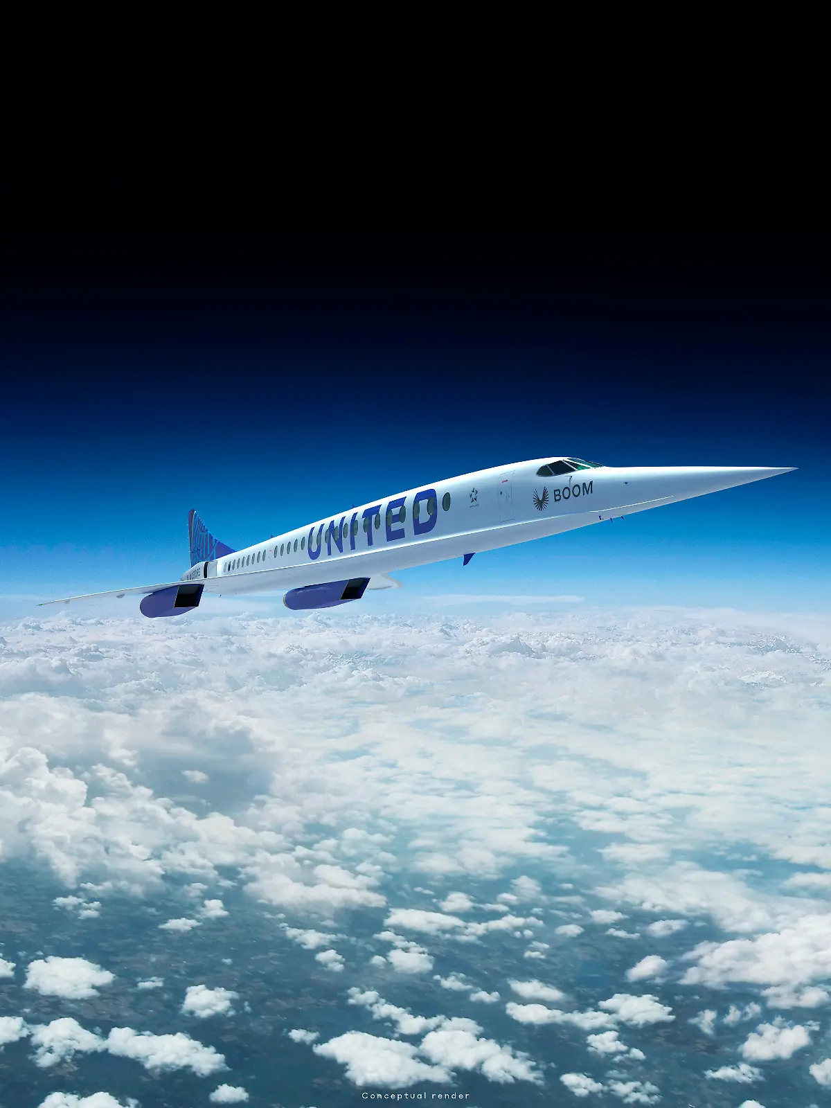 HANDOUT - 03.06.2021, USA, New York: Dieses von Boom Supersonic zur Verfügung gestellte Foto zeigt eine Darstellung des Boom Supersonic Überschalljets von United Airlines. (zu dpa «United Airlines bestellt 15 Überschalljets bei Boom Supersonic») Foto: -/Boom Supersonic/AP/dpa - ACHTUNG: Nur zur redaktionellen Verwendung im Zusammenhang mit der aktuellen Berichterstattung innerhalb von 14 Tagen und nur mit vollständiger Nennung des vorstehenden Credits +++ dpa-Bildfunk +++