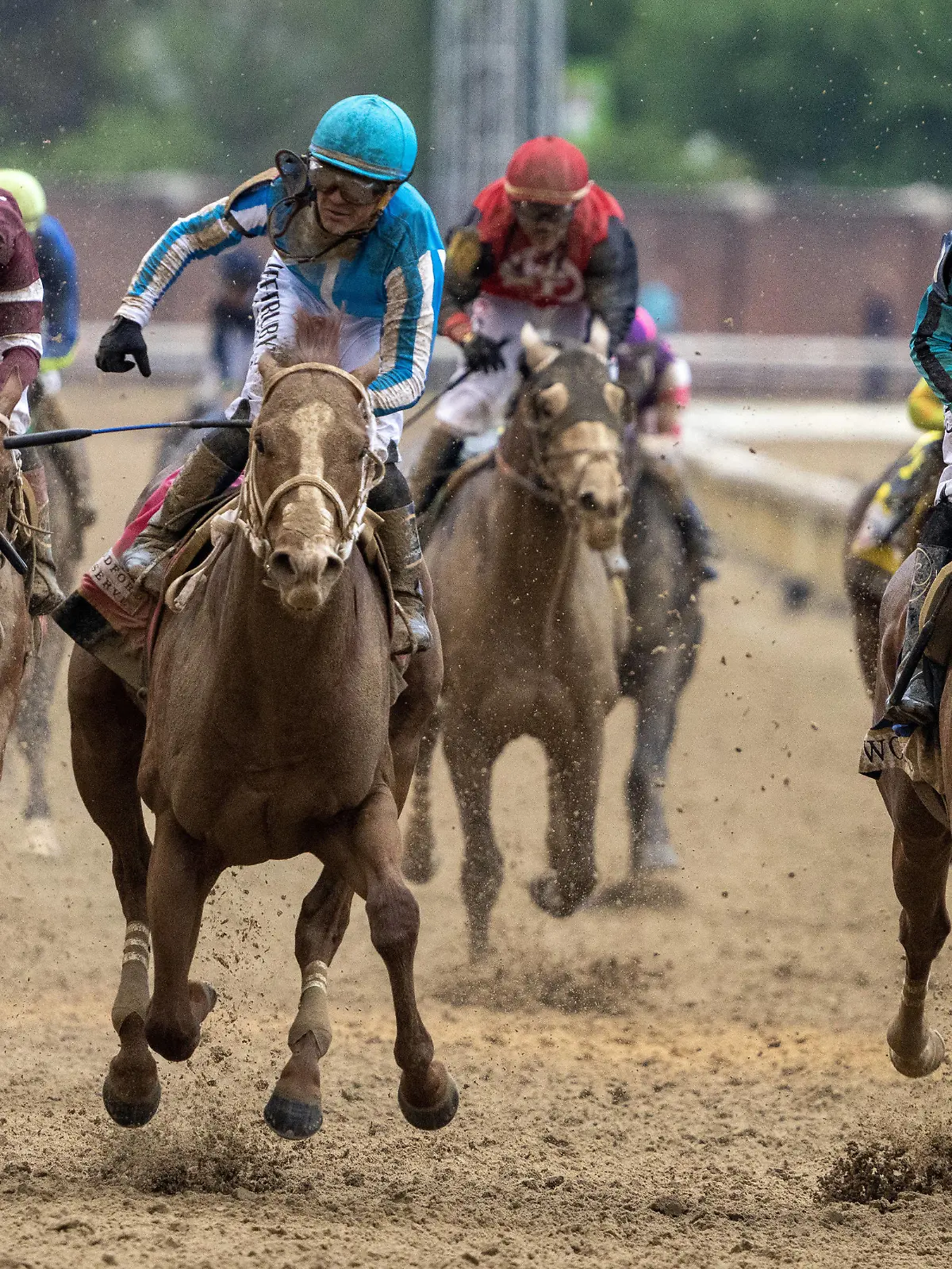 Mage ridden by Javier Castellano C wins the 149th running of the Kentucky Derby at Churchill Downs on Saturday, Mary 6, 2023. Angel of Empire at left placed third and at right is second place Two Phil s. PUBLICATIONxINxGERxSUIxAUTxHUNxONLY KYP20230506122 PATxBENIC