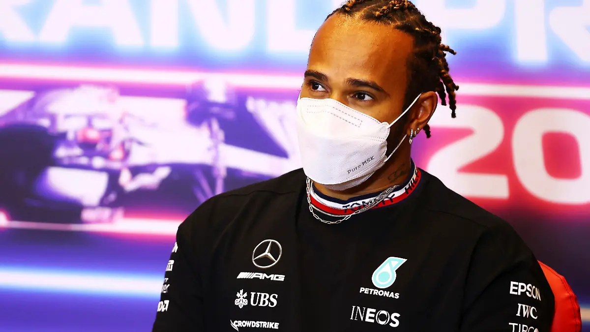 Mercedes driver Lewis Hamilton of Britain speaks during a media conference ahead of the Formula One Grand Prix at the Baku Formula One city circuit in Baku, Azerbaijan, Thursday, June 3, 2021. The Azerbaijan Formula One Grand Prix will take place on Sunday. (Francois Nel, Pool via AP)