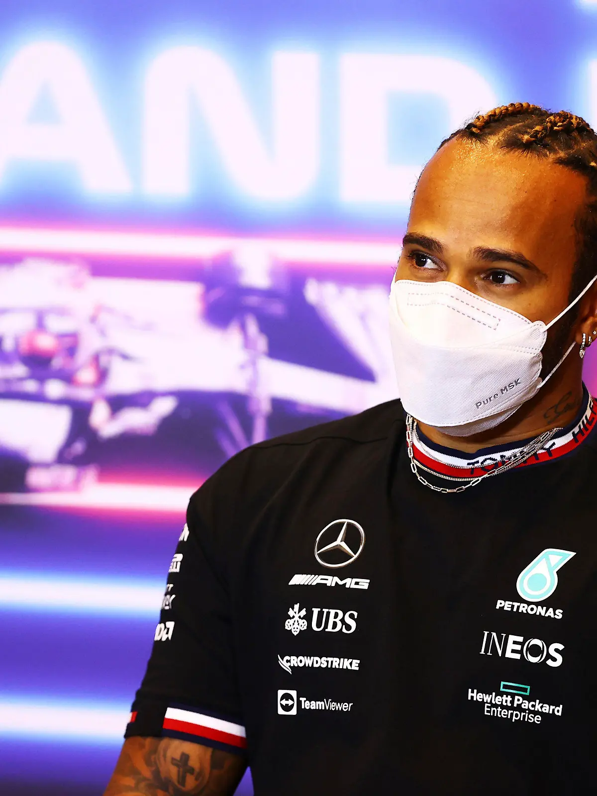 Mercedes driver Lewis Hamilton of Britain speaks during a media conference ahead of the Formula One Grand Prix at the Baku Formula One city circuit in Baku, Azerbaijan, Thursday, June 3, 2021. The Azerbaijan Formula One Grand Prix will take place on Sunday. (Francois Nel, Pool via AP)