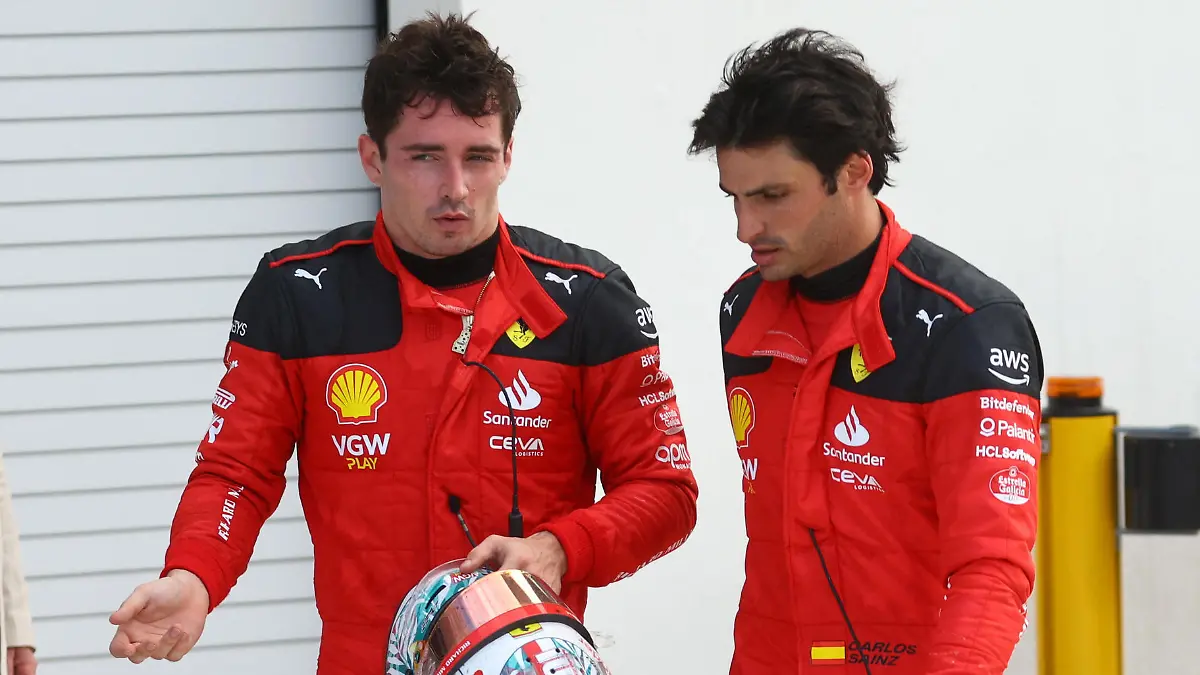 Formula One F1 - Miami Grand Prix - Miami International Autodrome, Miami, Florida, U.S. - May 7, 2023 Ferrari's Charles Leclerc and Ferrari's Carlos Sainz Jr. after the race REUTERS/Mike Segar