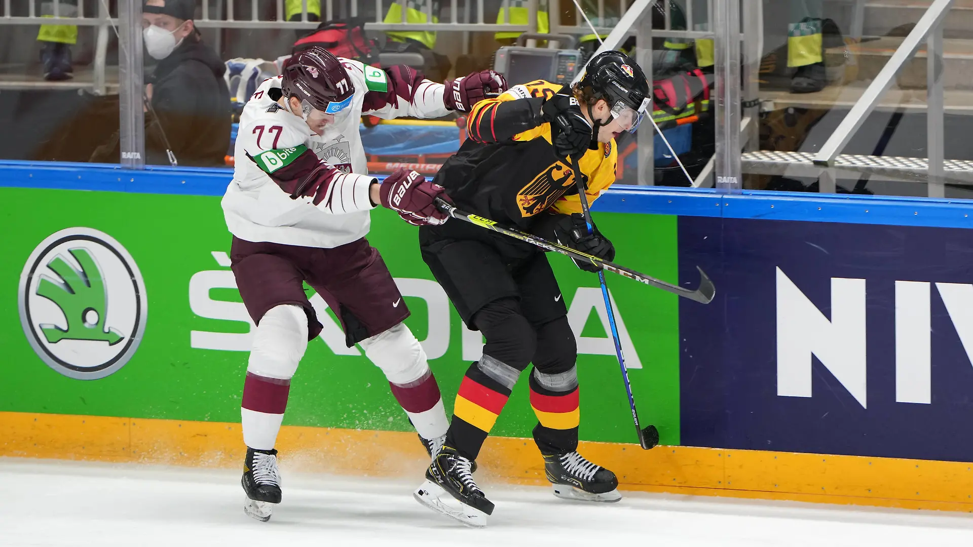 01.06.2021, Riga, Arena Riga, Germany vs Latvia 2021 IIHF Ice hockey, Eishockey World Championship, WM, Weltmeisterschaft , 77 Kristaps Zile Latvia fight for the puck against 15 Stefan Loibl Germany Riga Riga Latvia *** 01 06 2021, Riga, Arena Riga, Germany vs Latvia 2021 IIHF Ice Hockey World Championship , 77 Kristaps Zile Latvia fight for the puck against 15 Stefan Loibl Germany Riga Riga Latvia PUBLICATIONxNOTxINxSUI Copyright: xJustPictures.ch/JarixPestelaccix
