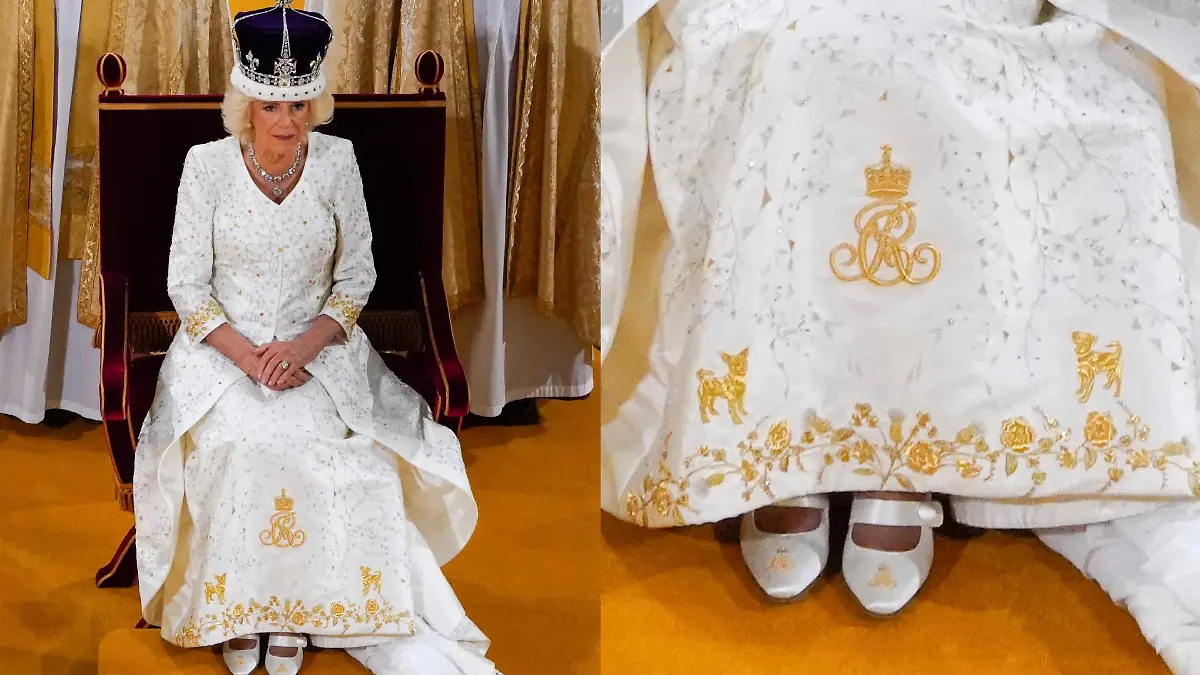 Königin Camilla trägt ihre Hunde auf ihrem Kleid mit sich.