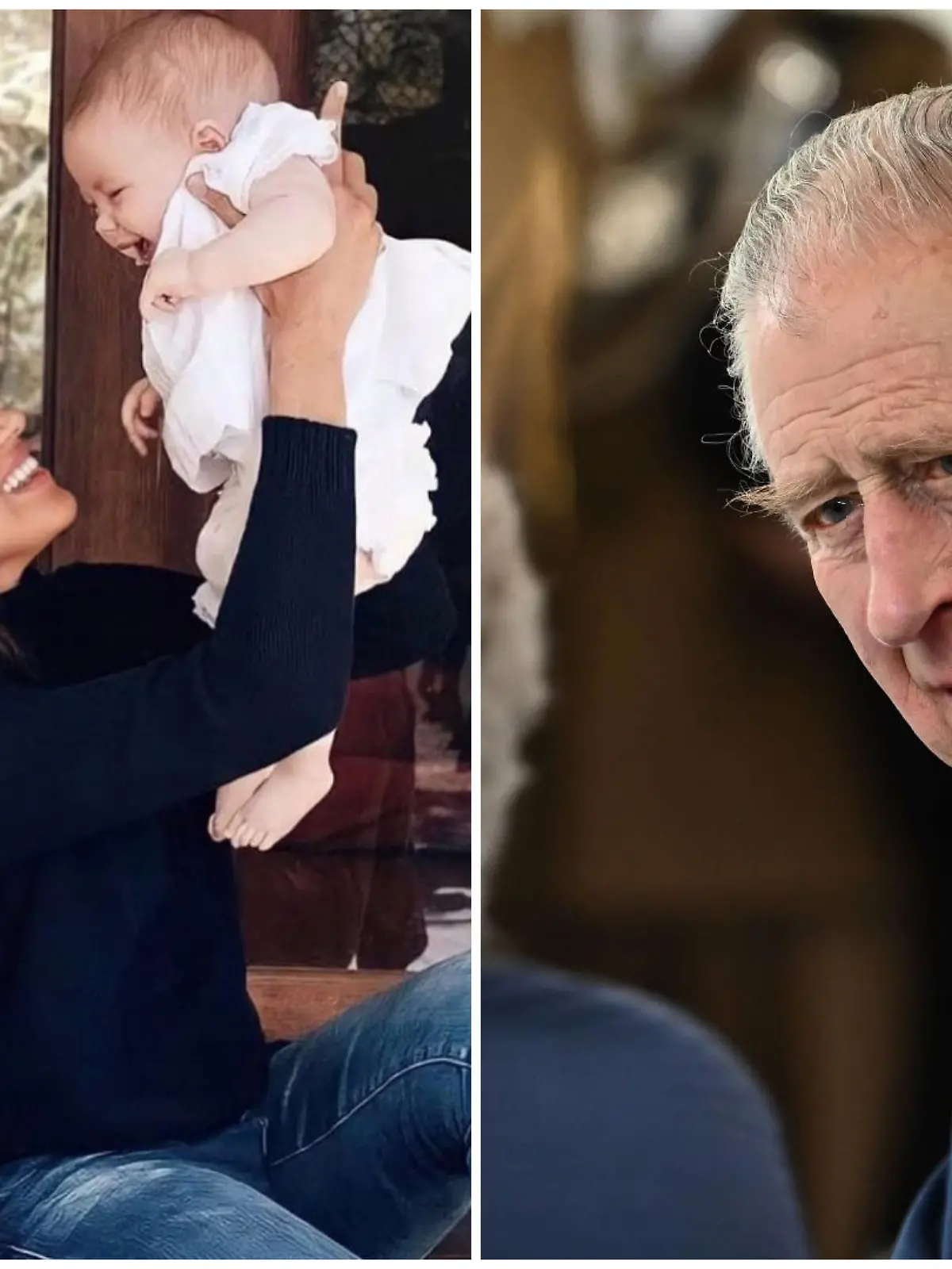 Collage, v.l.: Familienfoto der Sussexes, auf dem Harry Archie im Arm hält und Meghan Lilibet in die Luft hält. Bild rechts zeigt König Charles.