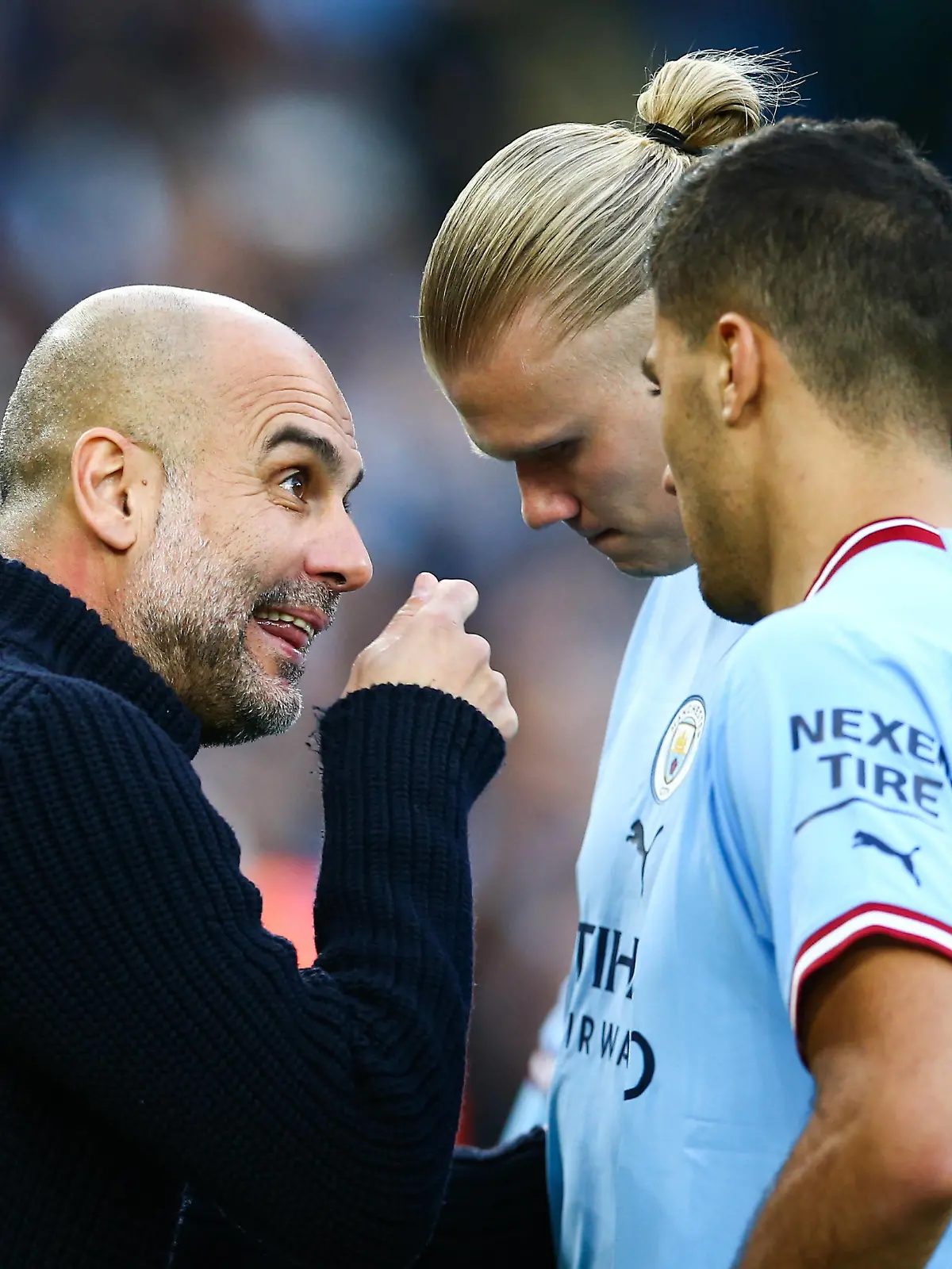 Mandatory Credit: Photo by Matt West/Shutterstock 13895935ez Manager Pep Guardiola of Manchester City with Erling Haland and Rodri Manchester City v West Ham United, Premier League, Football, Etihad Stadium, Manchester, UK - 03 May 2023 EDITORIAL USE ONLY No use with unauthorised audio, video, data, fixture lists, club/league logos or live services. Online in-match use limited to 120 images, no video emulation. No use in betting, games or single club/league/player publications. Manchester City v West Ham United, Premier League, Football, Etihad Stadium, Manchester, UK - 03 May 2023 EDITORIAL USE ONLY No use with unauthorised audio, video, data, fixture lists, club/league logos or live services. Online in-match use limited to 120 images, no video emulation. No use in betting, games or single club/league/player publications. PUBLICATIONxINxGERxSUIxAUTxHUNxGRExMLTxCYPxROUxBULxUAExKSAxONLY Copyright: xMattxWest/Shutterstockx 13895935ez
