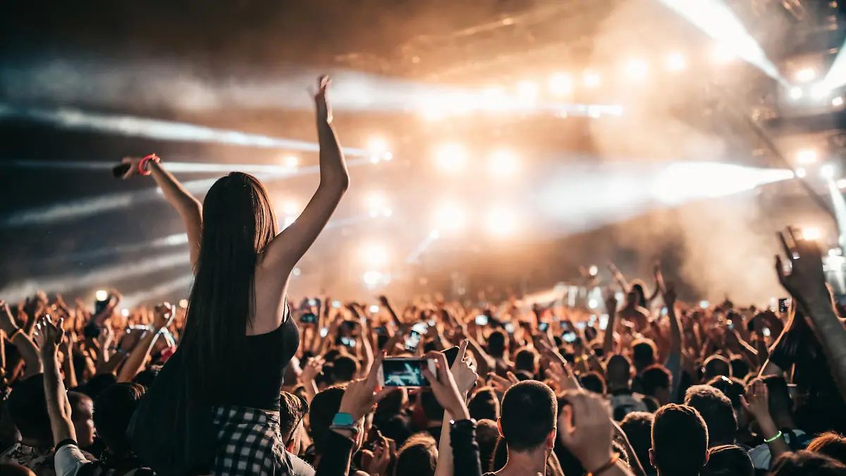 Ein großes Publikum auf einem Festival steht vor einer Bühne und feiert.