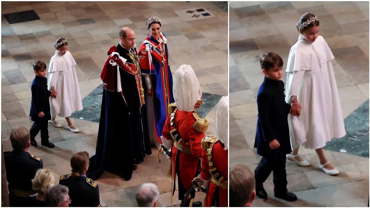 Bei König Charles' Krönung am 6. Mai 2023 laufen Prinz Louis und Prinzessin Charlotte hinter Prinz William und Prinzessin Kate in die Westmister Abbey ein.