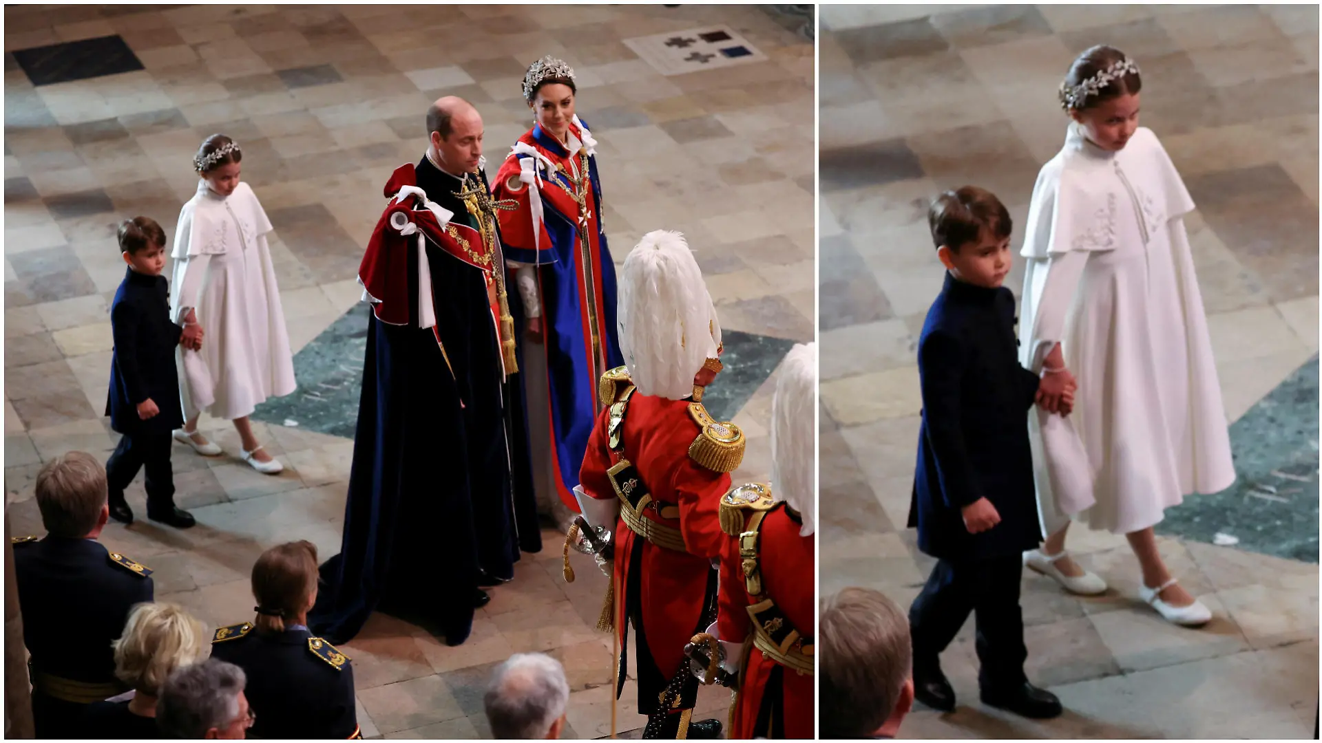 Bei König Charles' Krönung am 6. Mai 2023 laufen Prinz Louis und Prinzessin Charlotte hinter Prinz William und Prinzessin Kate in die Westmister Abbey ein.
