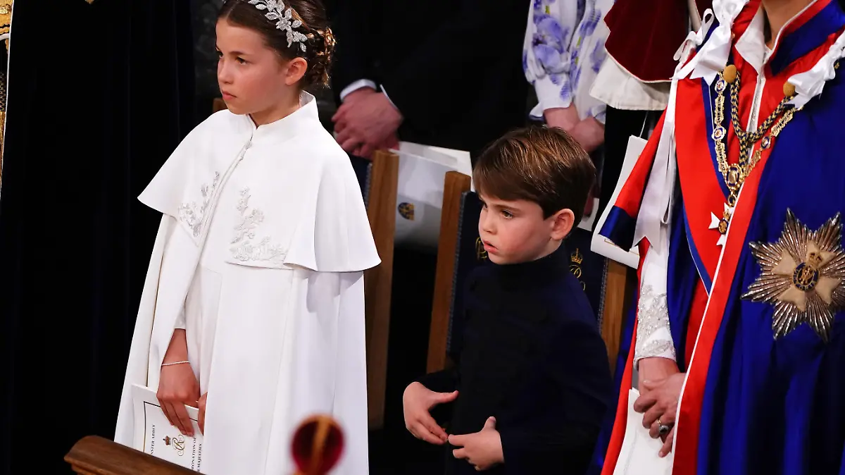 Princess Charlotte, Prince Louis and the Princess of Wales at the coronation ceremony of King Charles III and Queen Camilla in Westminster Abbey, London. Picture date: Saturday May 6, 2023.