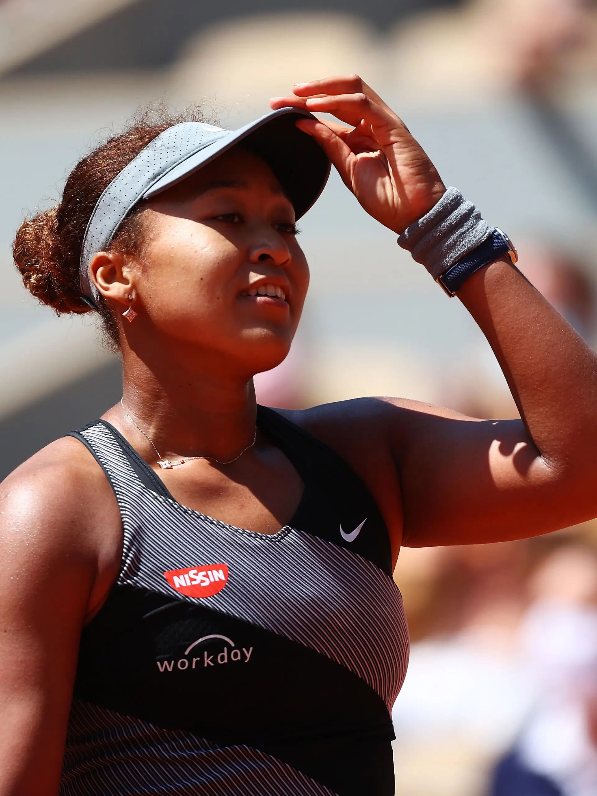 PARIS, FRANCE - MAY 30: Naomi Osaka of Japan celebrates in her First Round match against Patricia Maria Tig of Romania during Day One of the 2021 French Open at Roland Garros on May 30, 2021 in Paris, France. (Photo by Julian Finney/Getty Images)