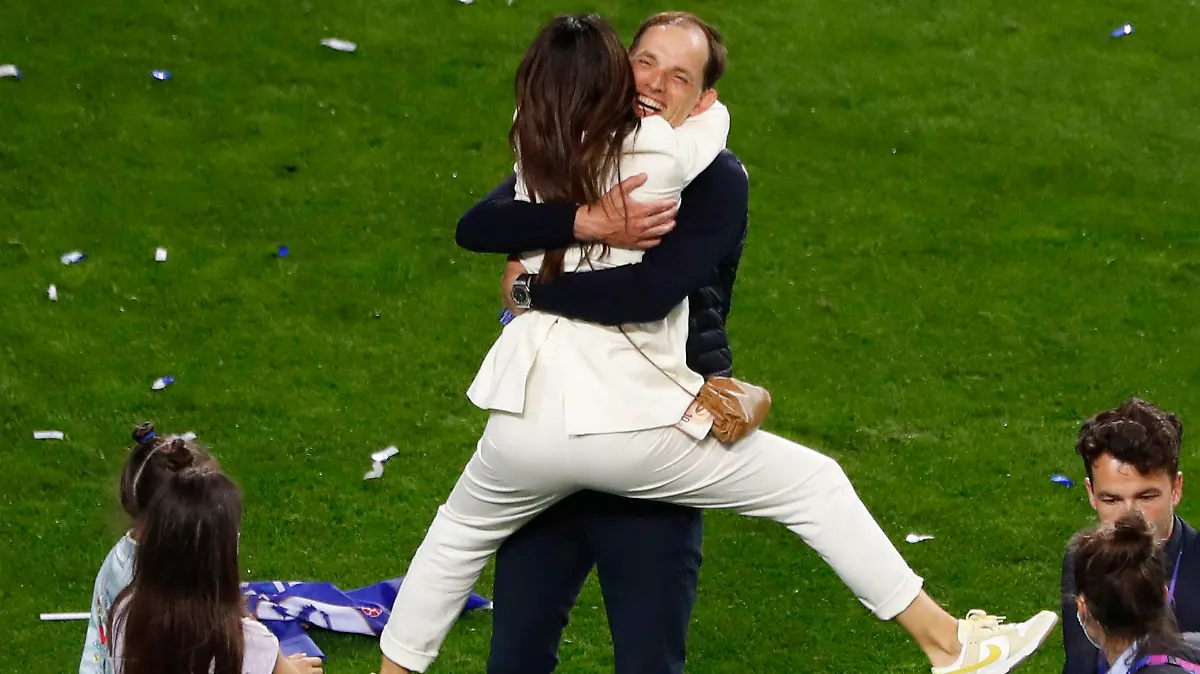 Chelsea's head coach Thomas Tuchel celebrates after winning the Champions League final soccer match against Manchester City at the Dragao Stadium in Porto, Portugal, Saturday, May 29, 2021. (Susana Vera/Pool via AP)
