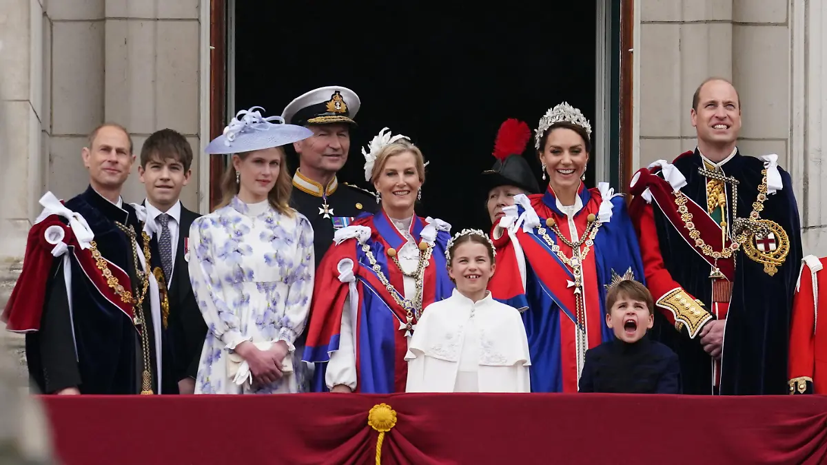 King Charles III coronation. (left to right) the Duke of Edinburgh, the Earl of Wessex, Lady Louise Windsor, Vice Admiral Sir Tim Laurence ,the Duchess of Edinburgh, the Princess Royal, Princess Charlotte, the Princess of Wales, Prince Louis, the Prince of Wales on the balcony of Buckingham Palace, London, to view a flypast by aircraft from the Royal Navy, Army Air Corps and Royal Air Force - including the Red Arrows, following the coronation. Picture date: Saturday May 6, 2023. See PA story ROYAL Coronation. Photo credit should read: Owen Humphreys/PA Wire URN:72040936