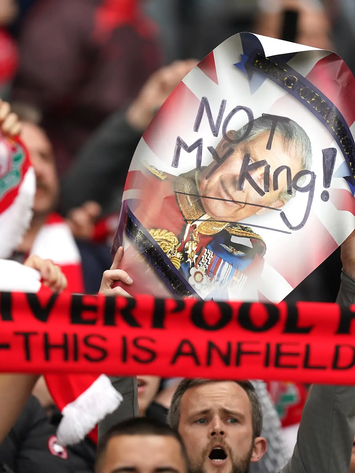 Liverpool v Brentford - Premier League - Anfield Liverpool fans hold up a sign saying Not My King while booing the national anthem before the Premier League match at Anfield, Liverpool. Picture date: Saturday May 6, 2023. EDITORIAL USE ONLY No use with unauthorised audio, video, data, fixture lists, club/league logos or live services. Online in-match use limited to 120 images, no video emulation. No use in betting, games or single club/league/player publications. PUBLICATIONxNOTxINxUKxIRL Copyright: xMikexEgertonx 72046023