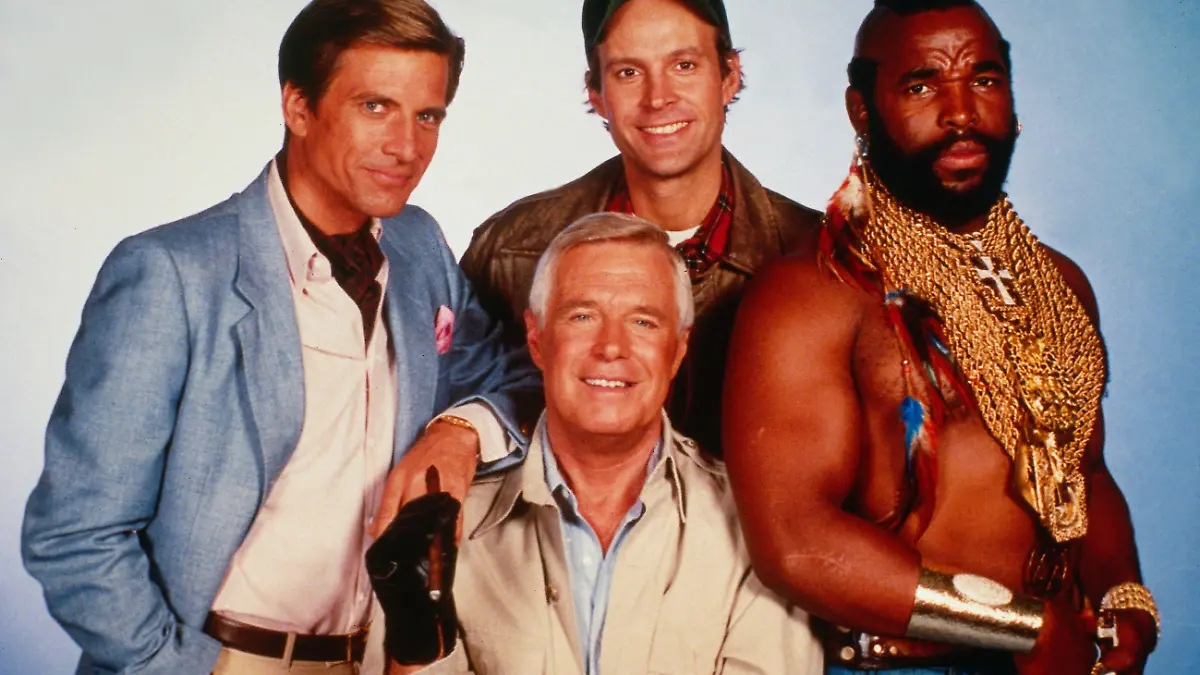 v.li. Templeton Peck (Dirk Benedict), John 'Hannibal' Smith (George Peppard), 'Howling Mad' Murdock (Dwight Schultz) und B.A. (Mr. T.)