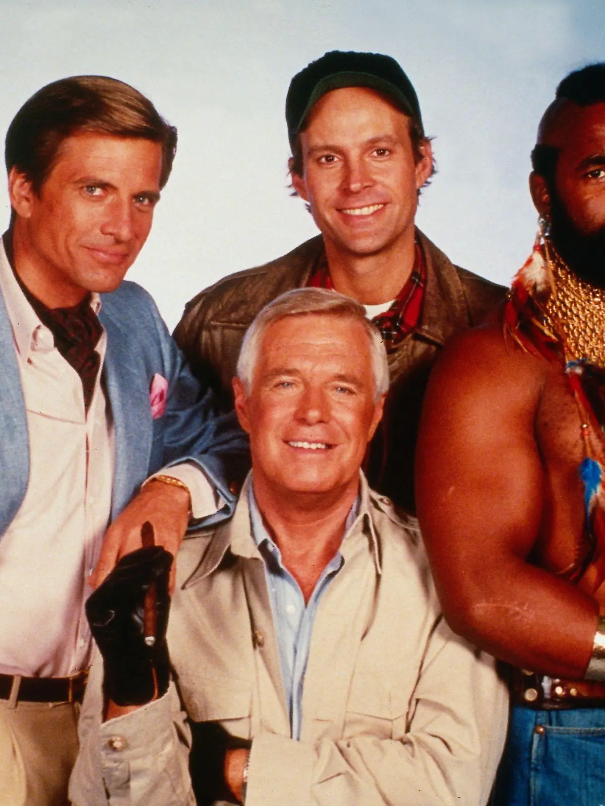 v.li. Templeton Peck (Dirk Benedict), John 'Hannibal' Smith (George Peppard), 'Howling Mad' Murdock (Dwight Schultz) und B.A. (Mr. T.)