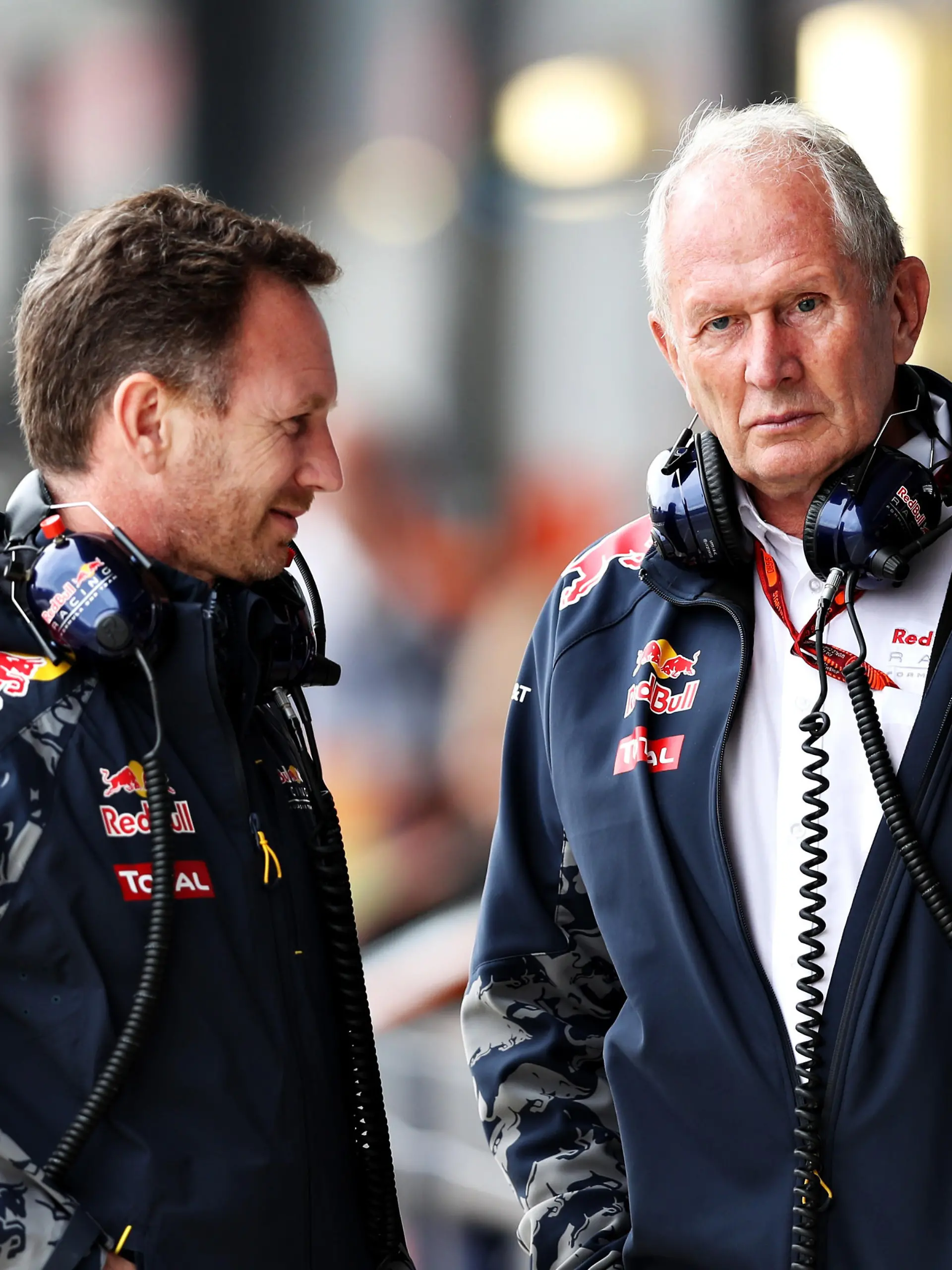 NORTHAMPTON, ENGLAND - JULY 09:  Red Bull Racing Team Principal Christian Horner and Red Bull Racing Team Consultant Dr Helmut Marko in the Pitlane during qualifying for the Formula One Grand Prix of Great Britain at Silverstone on July 9, 2016 in Northampton, England.  (Photo by Mark Thompson/Getty Images)