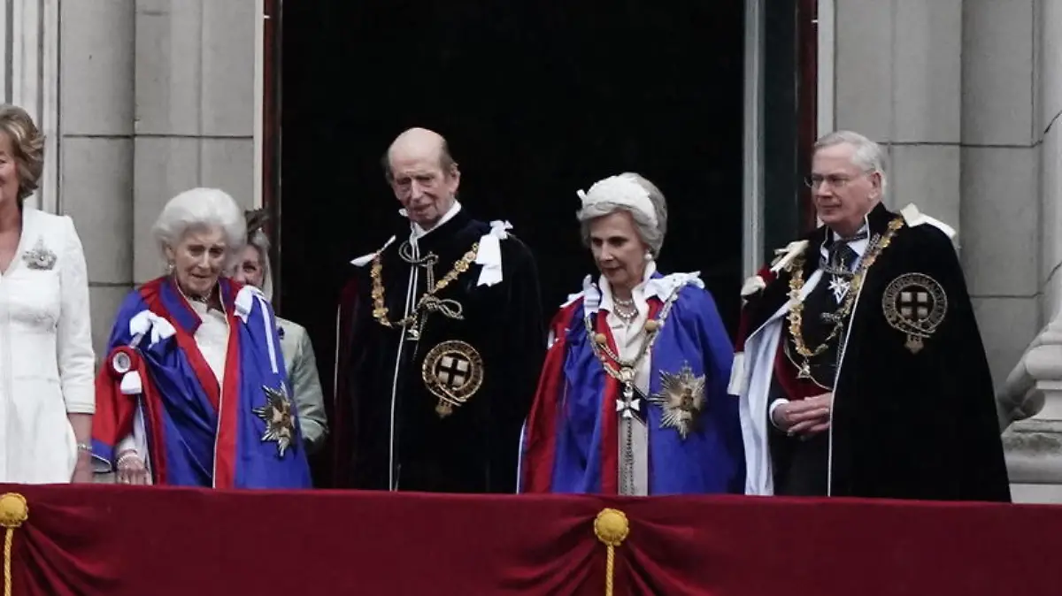 King Charles III coronation. (left to right) Members of the royal family: the Duke of Edinburgh, the Earl of Wessex, Lady Louise Windsor, Vice Admiral Sir Tim Laurence, the Duchess of Edinburgh, the Princess Royal, Princess Charlotte, the Princess of Wales, Prince Louis, the Prince of Wales, the King's Pages of Honour including Prince George, Lord Oliver Cholmondley, Nicholas Barclay, Ralph Tollemache, King Charles III and Queen Camilla, the Queen's Pages of Honour including Louis and Gus Lopes, Freddy Parker Bowles and Arthur Eliot, Lady in Attendance Annabel Eliot and Marchioness of Lansdowne, Princess Alexandra of Kent, the Duke of Kent, the Duchess of Gloucester and the Duke of Gloucester, on the balcony of Buckingham Palace, London, to view a flypast by aircraft from the Royal Navy, Army Air Corps and Royal Air Force - including the Red Arrows, following the coronation. Picture date: Saturday May 6, 2023. See PA story ROYAL Coronation. Photo credit should read: Jordan Pettitt/PA Wire URN:72041543