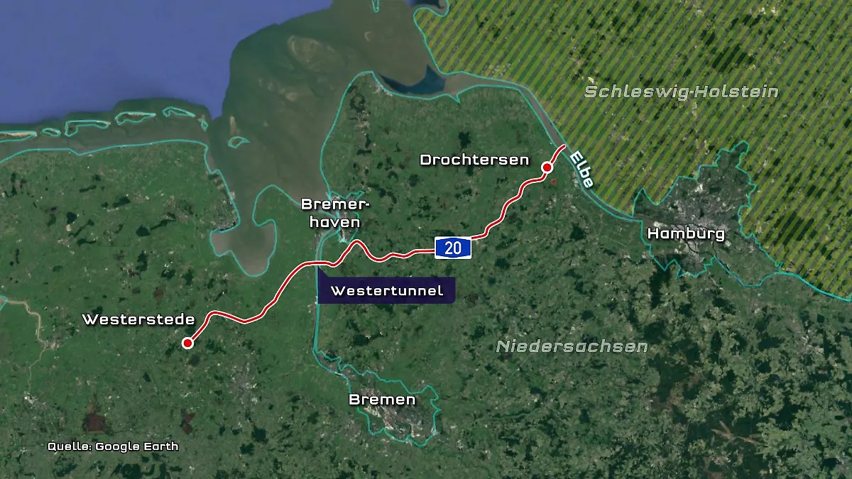 Eine Karte mit der geplanten Strecke der A20